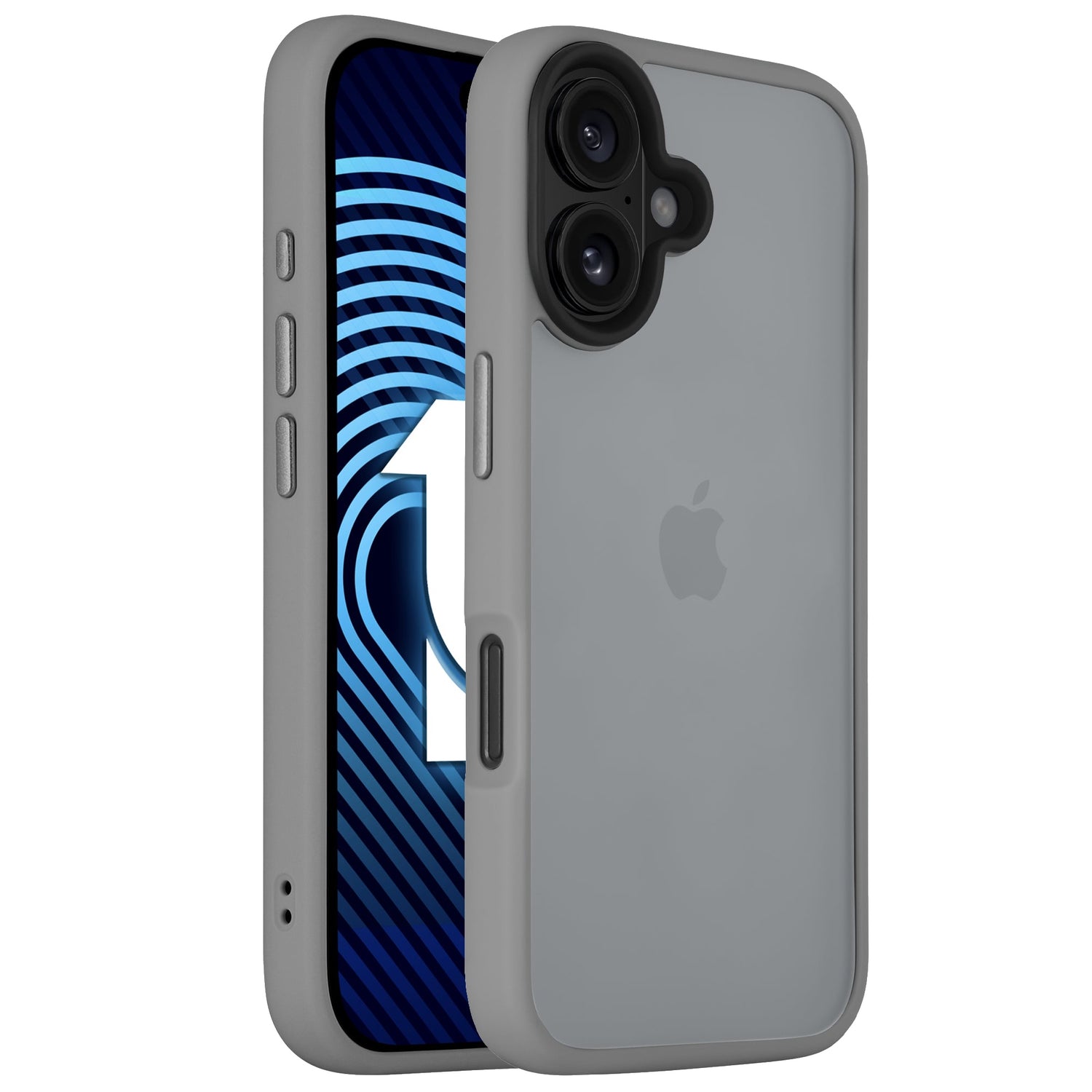Das arktis iPhone 16 Plus Solid Case von Arktis schützt Ihr Gerät mit stoßabsorbierendem TPU-Silikon, zeigt die Rückseite samt Kameraausschnitt und die Vorderseite in minimalistischem, grauem Matt-Look.