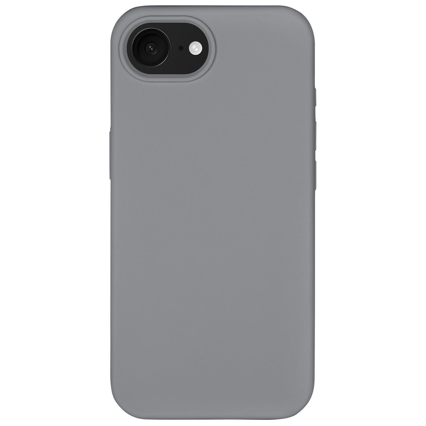 Das Arktis arktis iPhone 16e Silikon Case ist eine graue, schlanke Silikonhülle mit glatter Oberfläche und einer Aussparung für das Kameraobjektiv in der oberen linken Ecke.