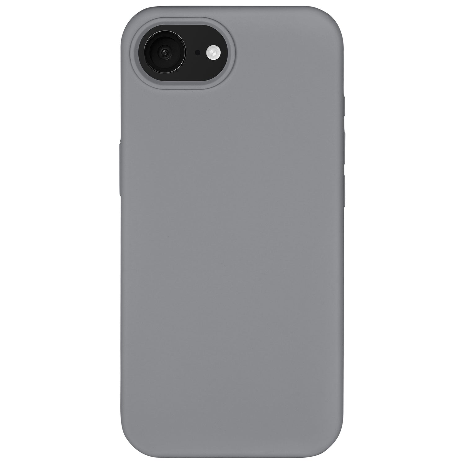 Das Arktis arktis iPhone 16e Silikon Case ist eine graue, schlanke Silikonhülle mit glatter Oberfläche und einer Aussparung für das Kameraobjektiv in der oberen linken Ecke.