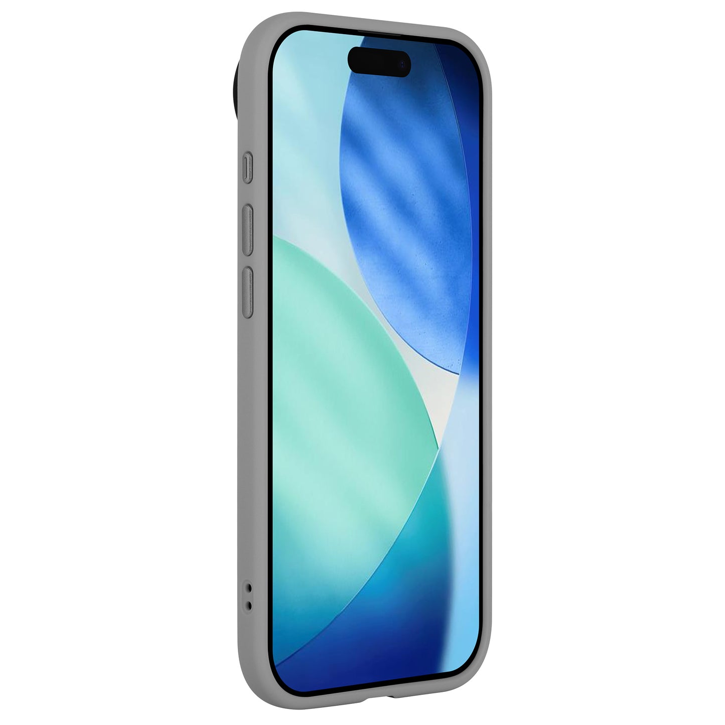 Die Arktis iPhone 17 Air Solid Case von Arktis ist eine hellgraue, matte Schutzhülle aus stoßabsorbierendem TPU-Silikon, die auf einem Smartphone mit einem blauen und grünen abstrakten Hintergrundbild abgebildet ist.