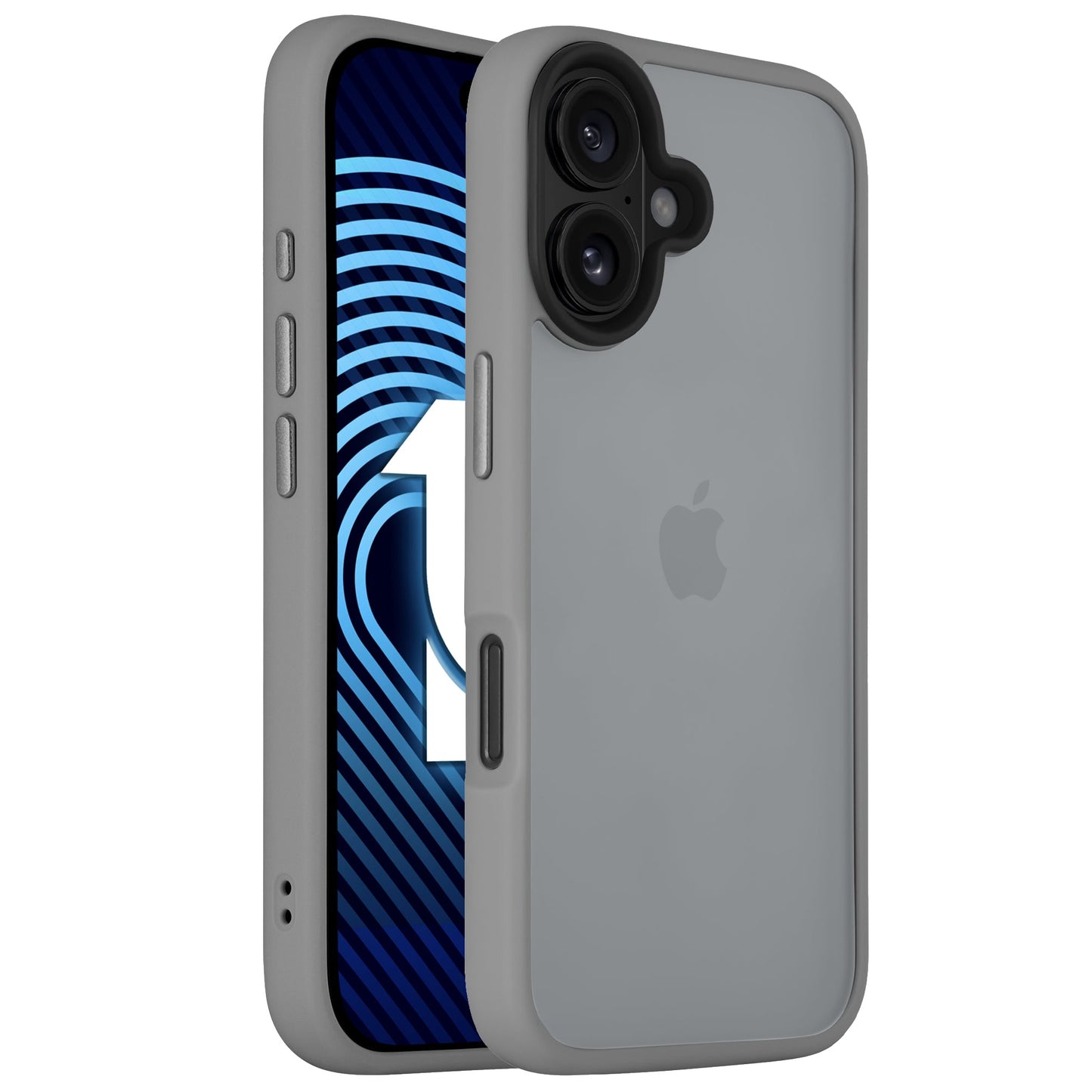 Das Arktis iPhone 16 Solid Case von Arktis ist eine graue, minimalistische, matte Hülle aus stoßdämpfendem TPU-Silikon, abgebildet sind die Rückkameras und das Frontdisplay mit blauen Grafiken.