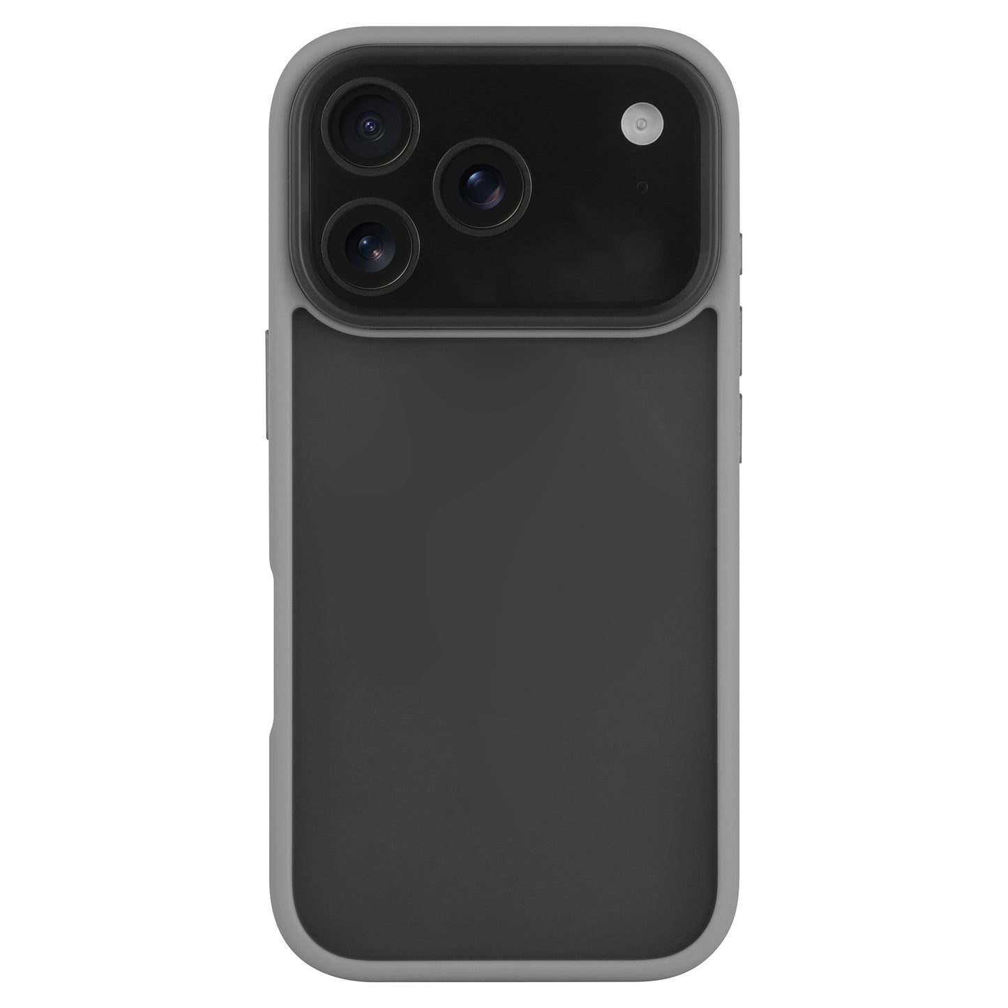 Ein iPhone 17 Pro Max in einem Arktis arktis iPhone 17 Pro Max Solid Case, einer grauen, matten TPU-Silikon-Schutzhülle von Arktis, mit drei rückseitigen Kameralinsen und einem Blitz.