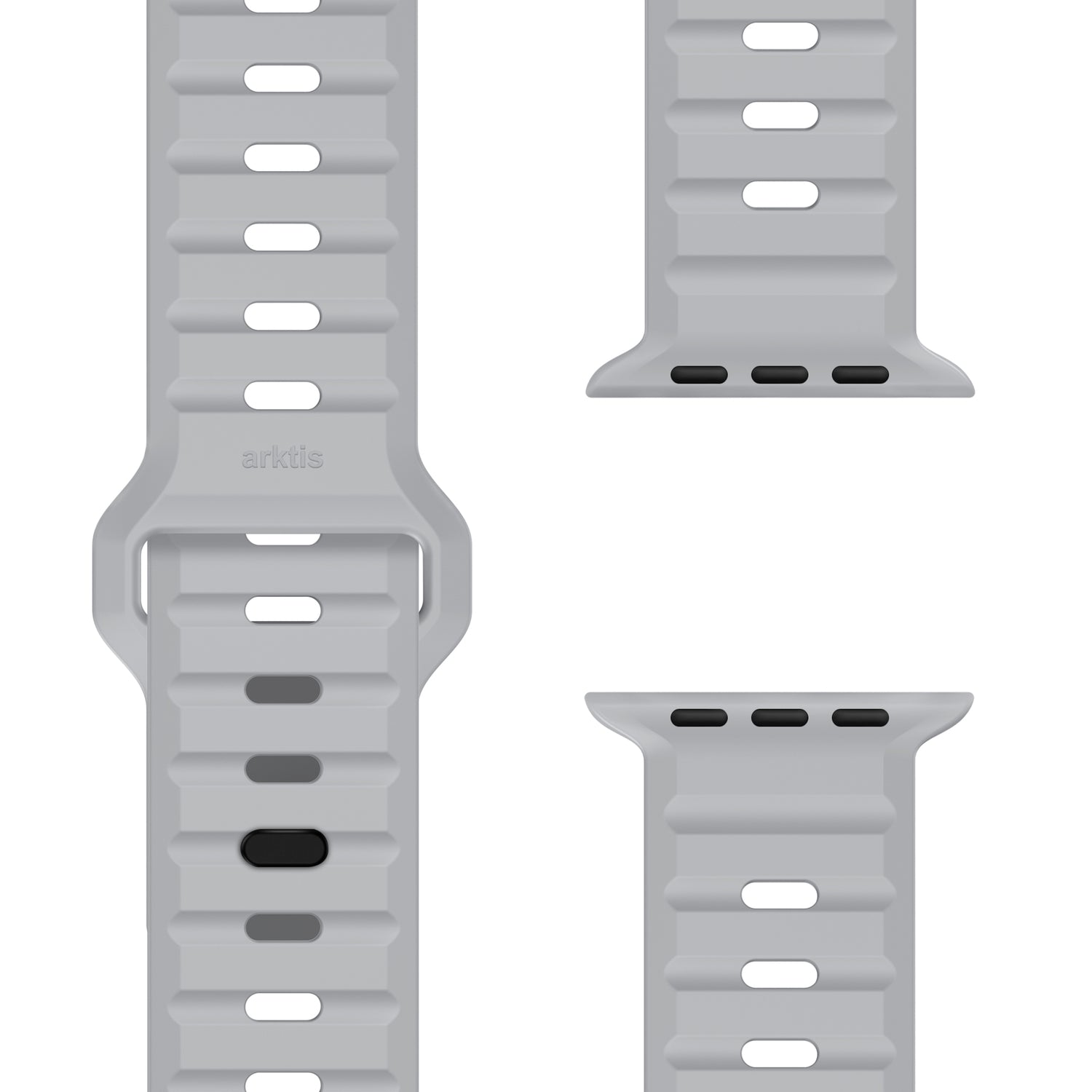 Das arktisband Apple Watch Silikonarmband „Active“ in Hellgrau verfügt über ein atmungsaktives Design mit rechteckigen Löchern, zwei austauschbaren Endstücken und dem arktisband-Logo auf dem Armband, das aus verschiedenen Blickwinkeln auf weißem Hintergrund dargestellt wird.