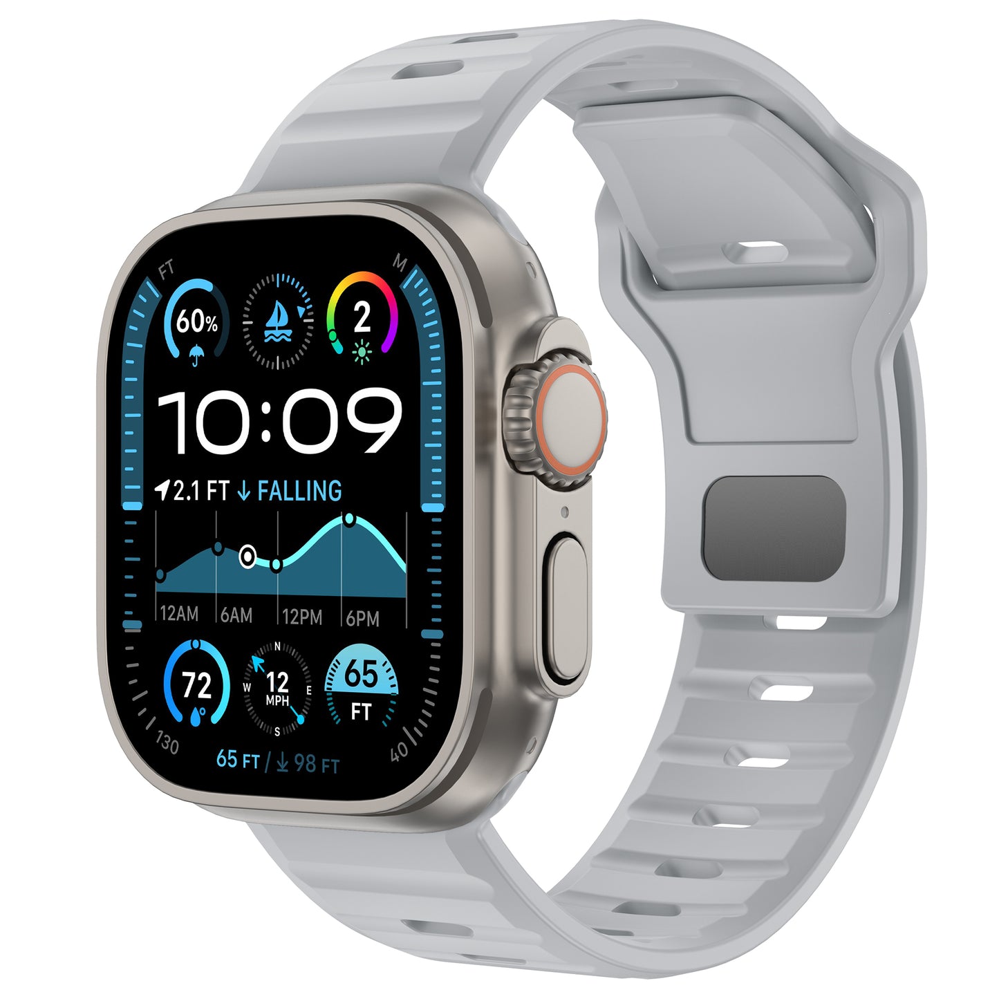 Das arktisband Apple Watch Silikonarmband „Active“ von arktisband wird in Hellgrau gezeigt, gepaart mit einer rechteckigen Smartwatch, die Uhrzeit, Fitnesswerte und Wetterdaten auf weißem Hintergrund anzeigt – und so an das elegante Design der Apple Watch erinnert.