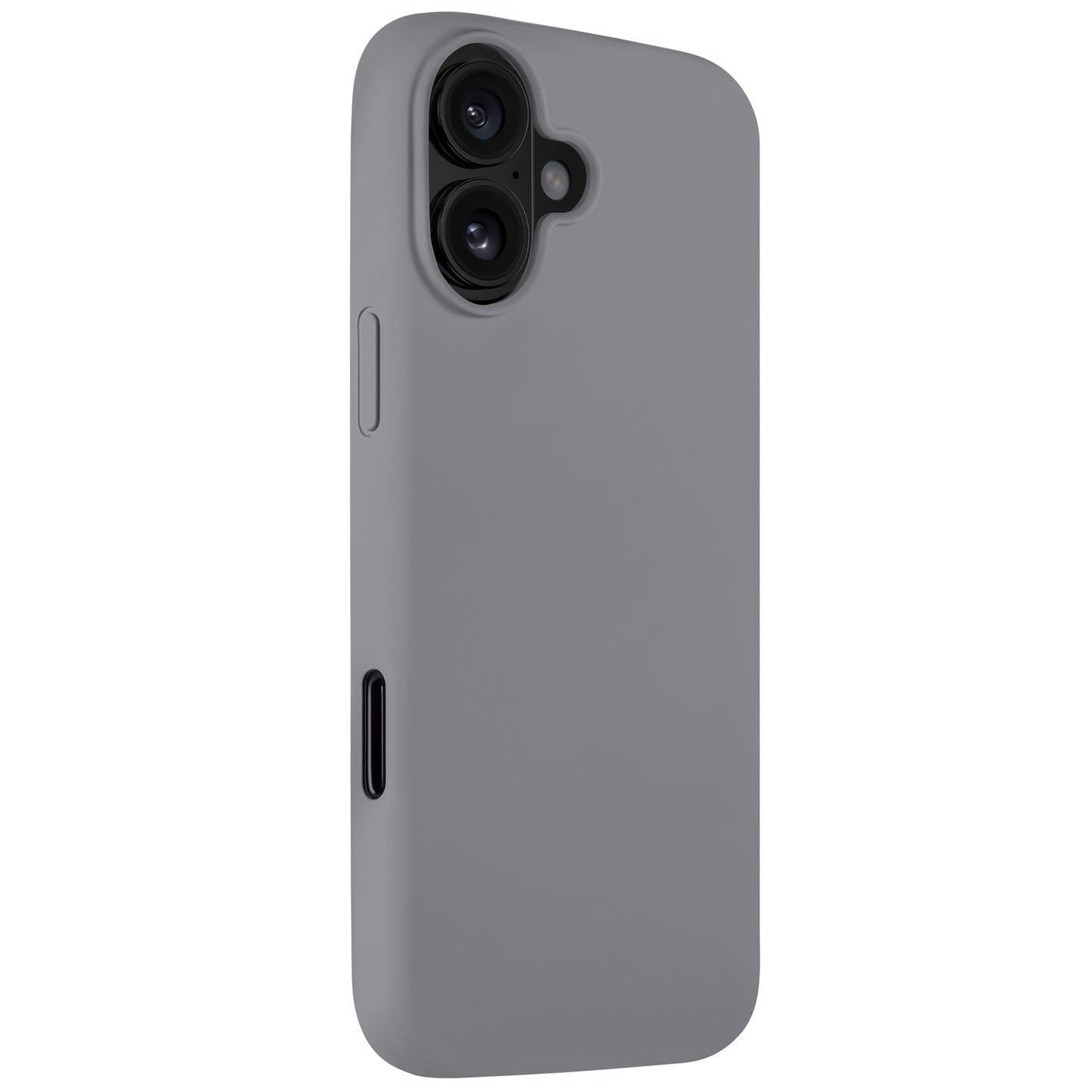 Das arktis iPhone Air Silikon Case in grau, mit Kameraausschnitt, passt auf das iPhone 17 und unterstützt kabelloses Laden. Hochkant im linken Winkel betrachtet, vereint dieses Premium Case von arktis Komfort und Schutz.