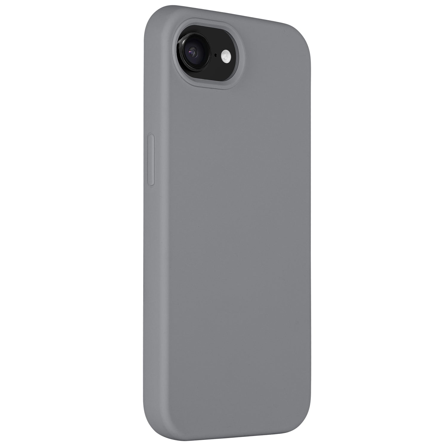 Ein iPhone mit der grauen Arktis iPhone 16e Silikonhülle von Arktis. Die Rückkamera und die Seitentaste sind vor weißem Hintergrund zu sehen. Das schlanke Case hat ein weiches Mikrofaserfutter für zusätzlichen Schutz.