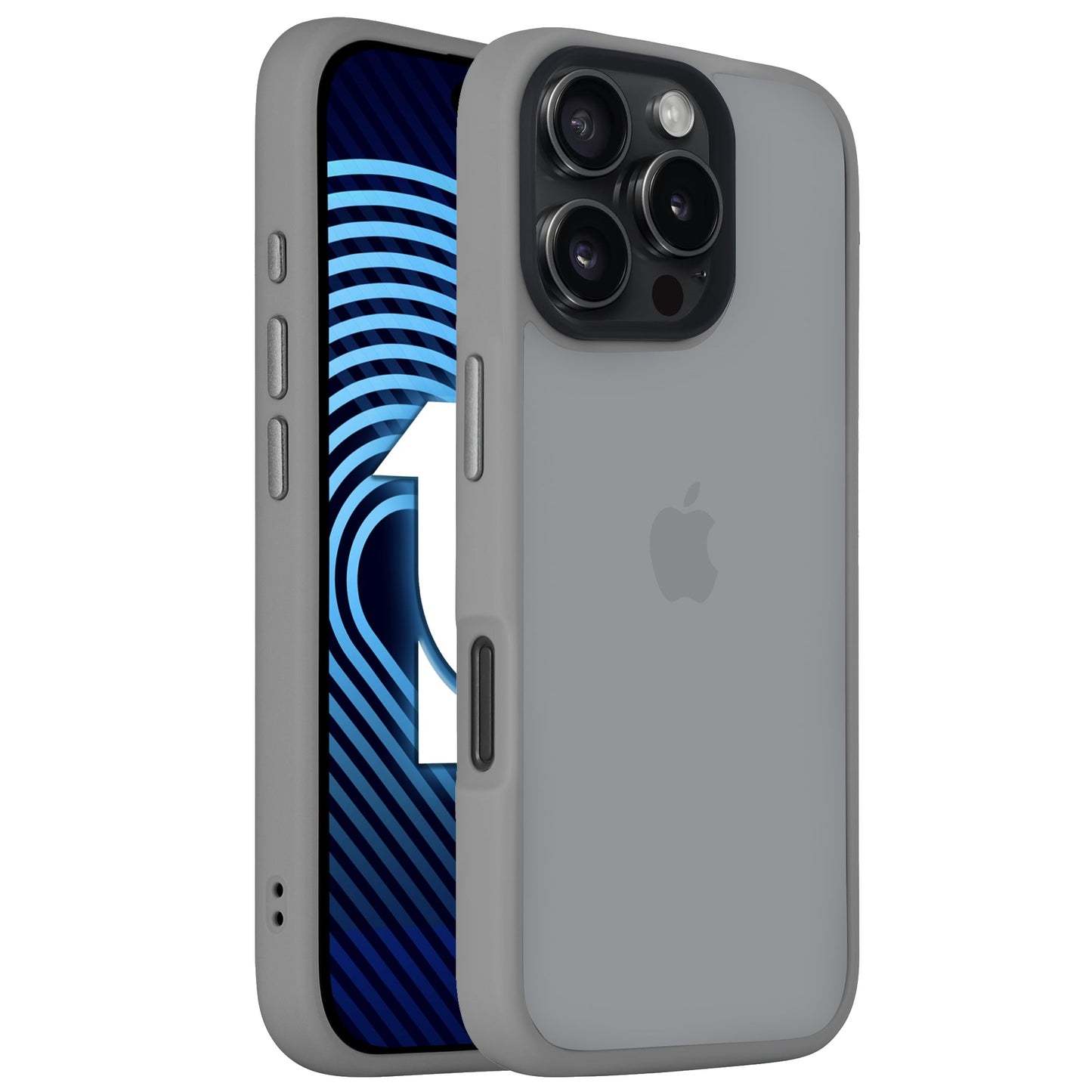 Zwei graue iPhones: eines mit einem matten, stoßdämpfenden Arktis arktis iPhone Air Solid Case, das die Dreifachkameras hervorhebt, das andere mit einem leuchtend blauen Bildschirmdesign.