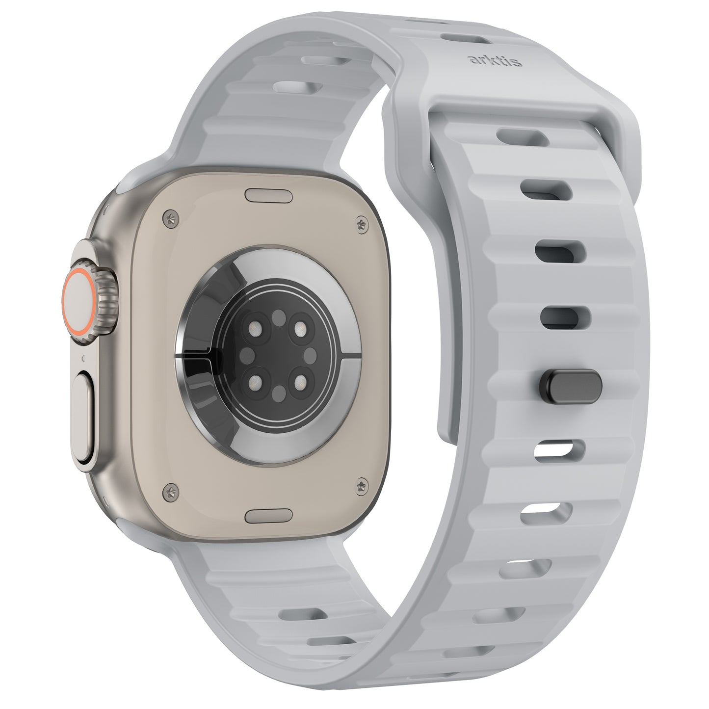 Eine Nahaufnahme der Unterseite einer Apple Watch mit rundem Sensor und Schrauben, befestigt am arktisband Apple Watch Silikonarmband „Active“ von arktisband, mit einem weißen strukturierten Band mit Metallverschluss für einen sportlichen Look.