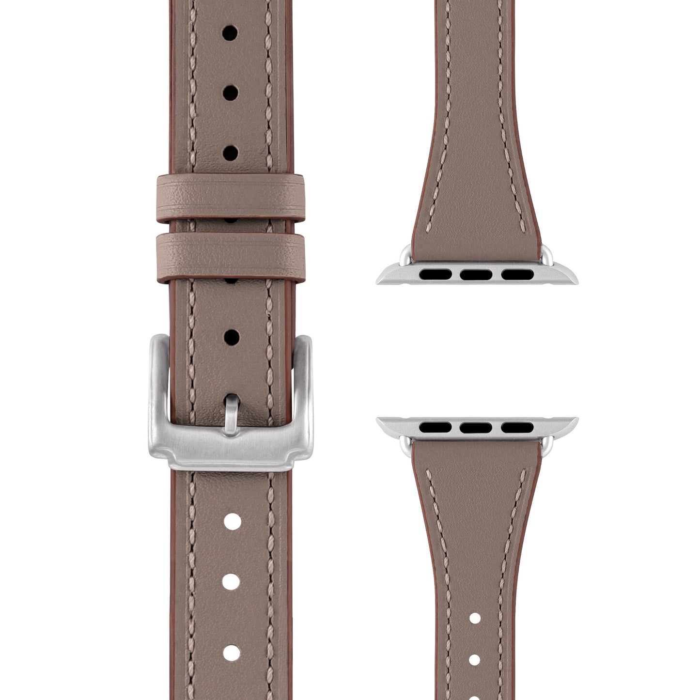 Das arktisband Apple Watch Lederarmband „Napoli" in Taupe, aus echtem Leder mit silberner Schnalle und Adaptern – minimalistischer Stil von arktisband, aus verschiedenen Blickwinkeln präsentiert.