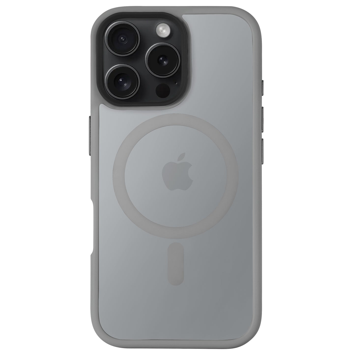 Das Arktis iPhone 16 Pro Max Solid Case von Arktis in Grau, gefertigt aus stoßabsorbierendem TPU-Silikon im minimalistischen Matt-Look, schützt Ihr iPhone und lässt das Apple-Logo sowie Kameraobjektive sichtbar.