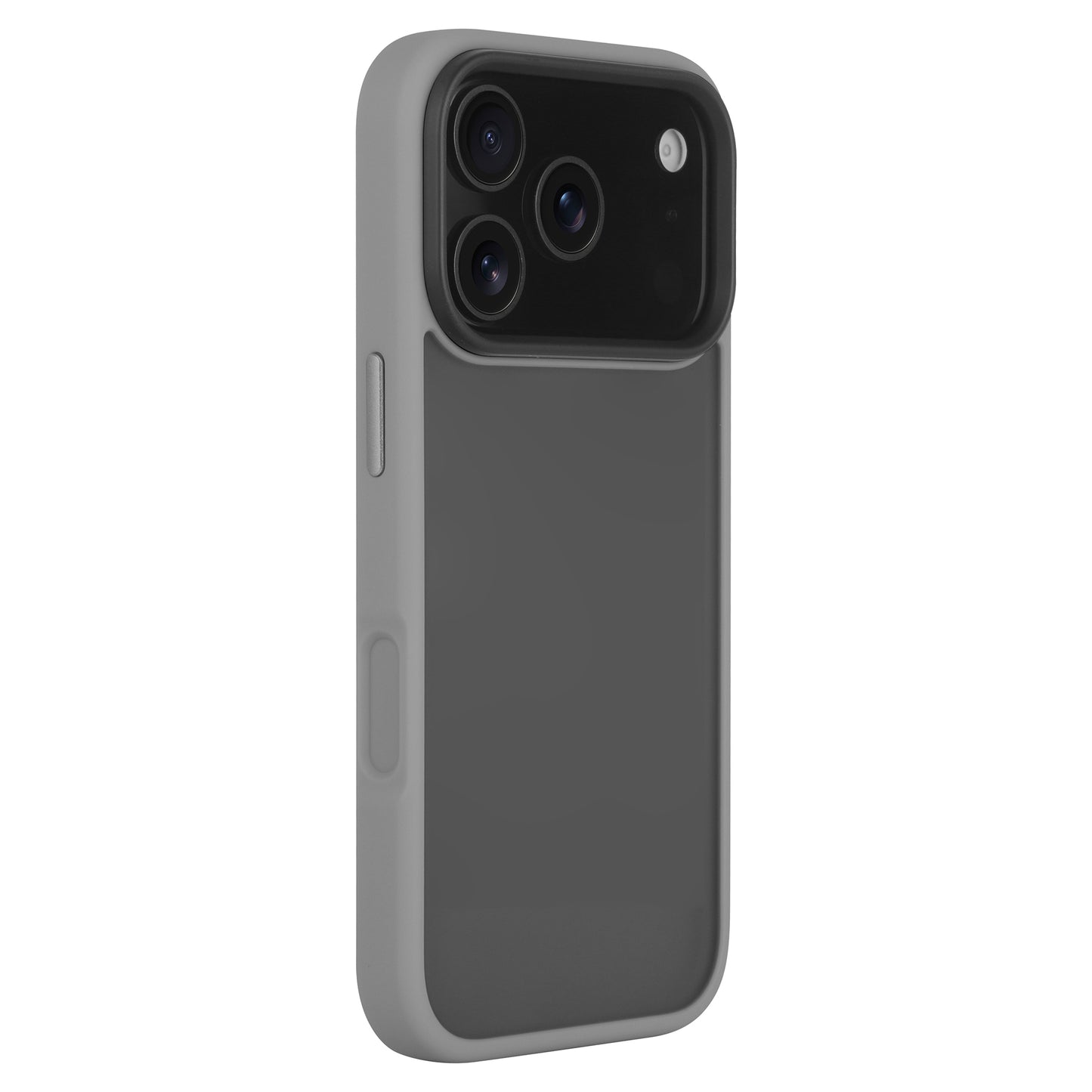 Die Arktis iPhone 17 Pro Max Solid Case von Arktis ist eine graue matte Schutzhülle aus stoßabsorbierendem TPU-Silikon mit schwarzem Kamera-Ausschnitt, abgebildet aus Rücken- und Seitenansicht.