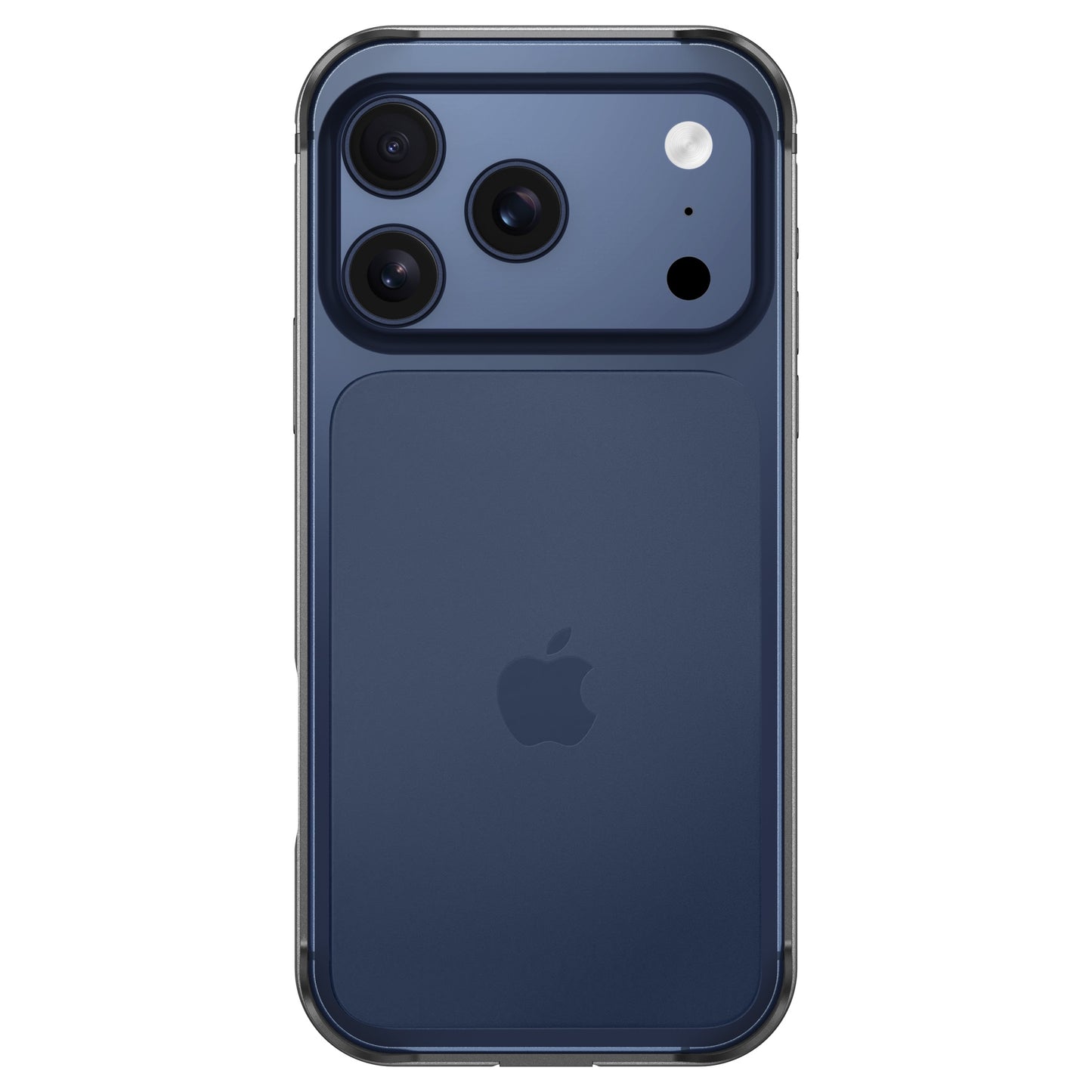 Ein arktis iPhone 17 Pro Bumper, eine durchsichtige ultraleichte Hülle von arktis, bietet stoßabsorbierenden Schutz für das blaue iPhone 17 Pro mit drei rückwärtigen Kameras, hier von hinten.