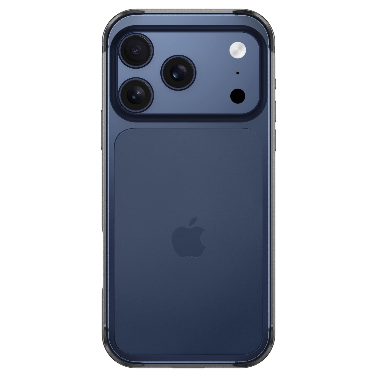 Ein arktis iPhone 17 Pro Bumper, eine durchsichtige ultraleichte Hülle von arktis, bietet stoßabsorbierenden Schutz für das blaue iPhone 17 Pro mit drei rückwärtigen Kameras, hier von hinten.