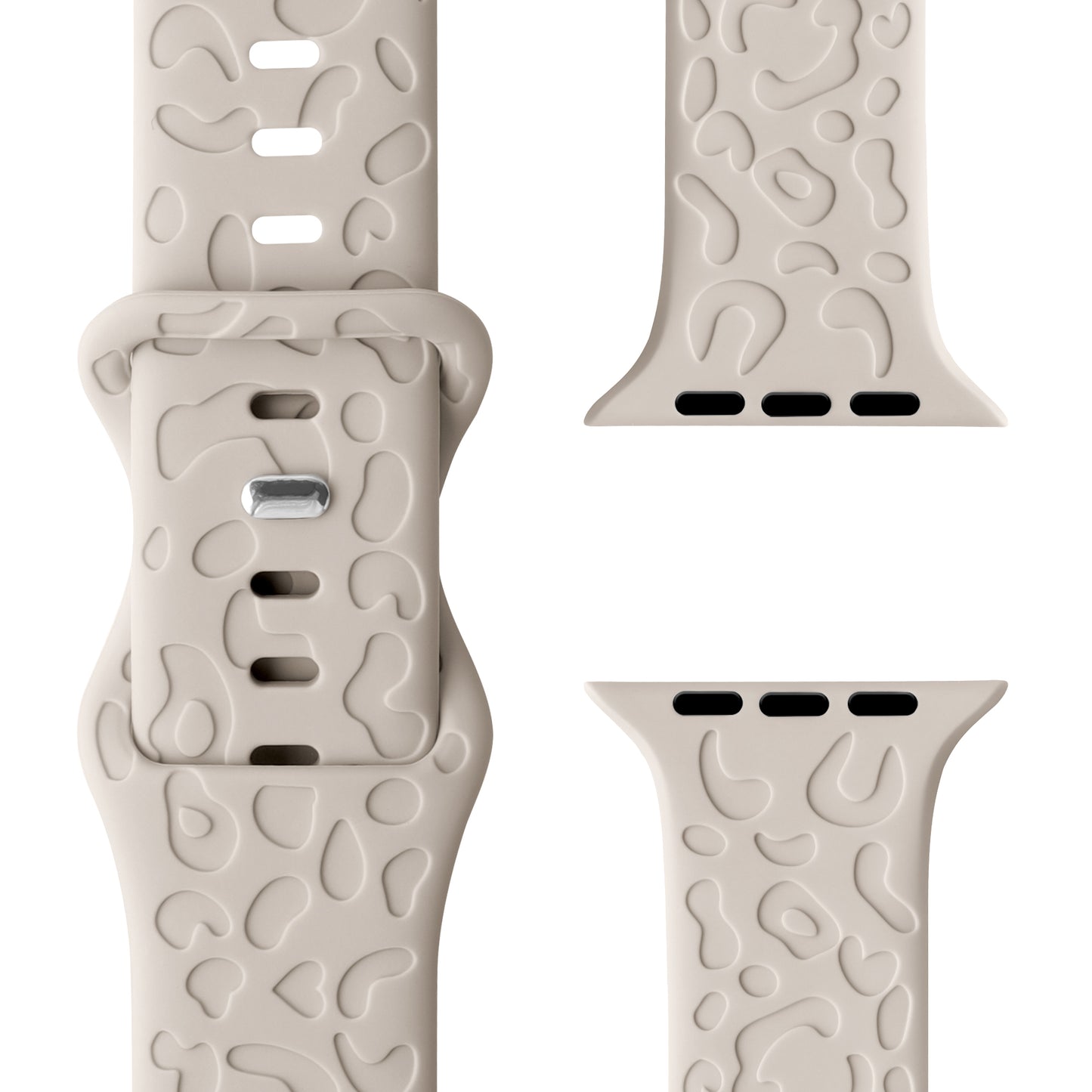 Nahaufnahme des arktisband Apple Watch Armbands „Leopard“ in Hellbeige mit abstrakter, erhabener Textur. Präsentiert mit silberner Schnalle und Verbindungsstücken von arktisband, aus verschiedenen Blickwinkeln.