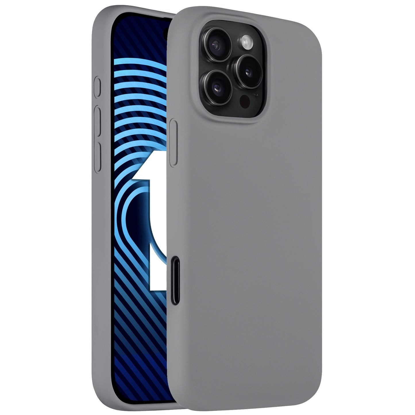 Abgebildet ist das Arktis iPhone 16 Pro Silikon Case von Arktis. Es verfügt über präzise Aussparungen für Kamera und Tasten, passt zum iPhone 16 Pro, unterstützt kabelloses Laden und verfügt über ein blau-schwarzes Display mit der Nummer 1.