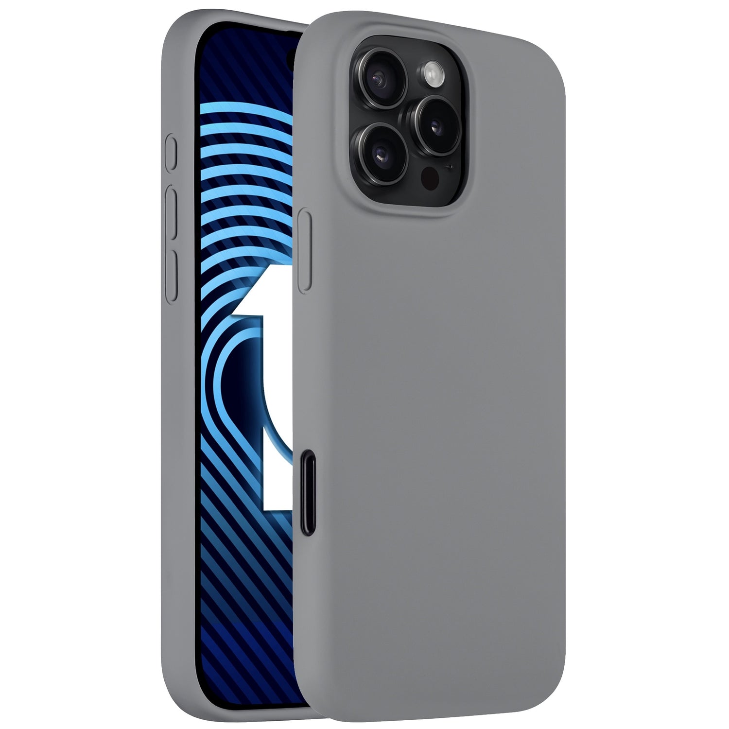 Ein iPhone 16 Pro Max in einer Arktis Arktis Silikonhülle, grau mit blauen und weißen Streifen, zeigt eine fettgedruckte Nummer 1 auf dem Display.