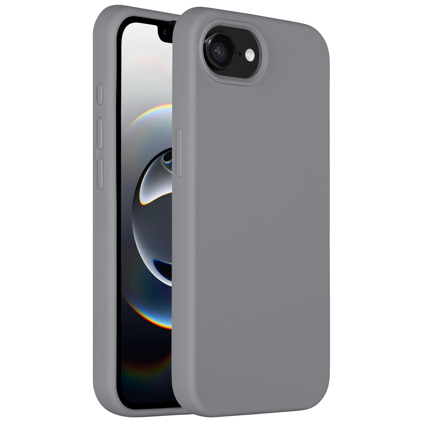 Das Arktis iPhone 16e Silikon Case von Arktis in Grau besticht durch sein schlankes Design, zeigt sowohl das Display als auch die Rückseite mit Kameraaussparung und bietet dank seines weichen Mikrofaserfutters zusätzlichen Schutz.