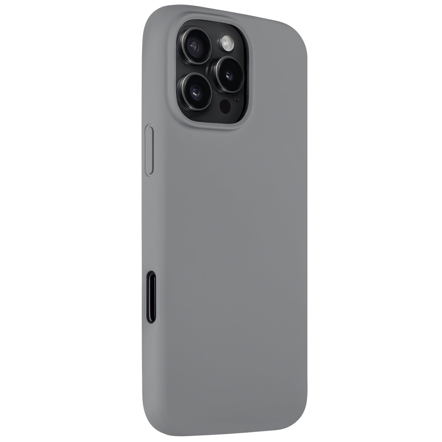 Arktis iPhone 16 Pro Max Silikon Case in elegantem Grau zeigt Rückkamera und Seitentasten, kabellose Ladefunktion-kompatibel – Produkt von Arktis vor weißem Hintergrund.