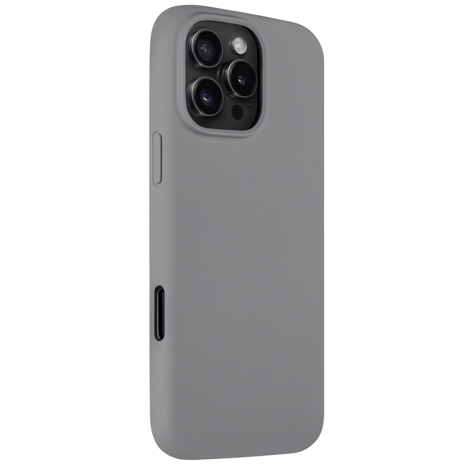 Arktis iPhone 16 Pro Max Silikon Case in elegantem Grau zeigt Rückkamera und Seitentasten, kabellose Ladefunktion-kompatibel – Produkt von Arktis vor weißem Hintergrund.