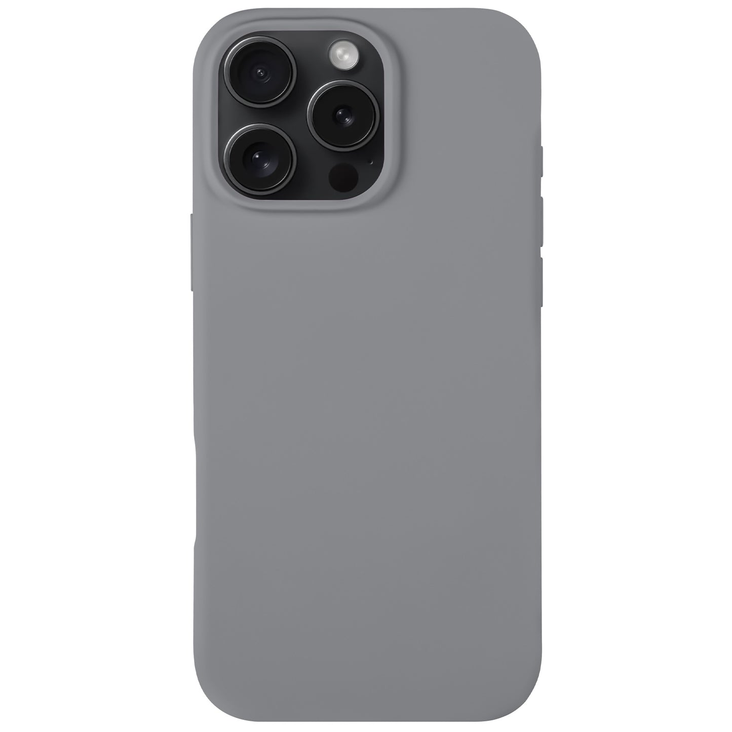 Die Arktis Arktis iPhone 16 Pro Silikonhülle ist eine schlanke, graue Hülle, die perfekt auf das iPhone 16 Pro mit drei Kameras und Blitz passt und kabelloses Laden unterstützt.