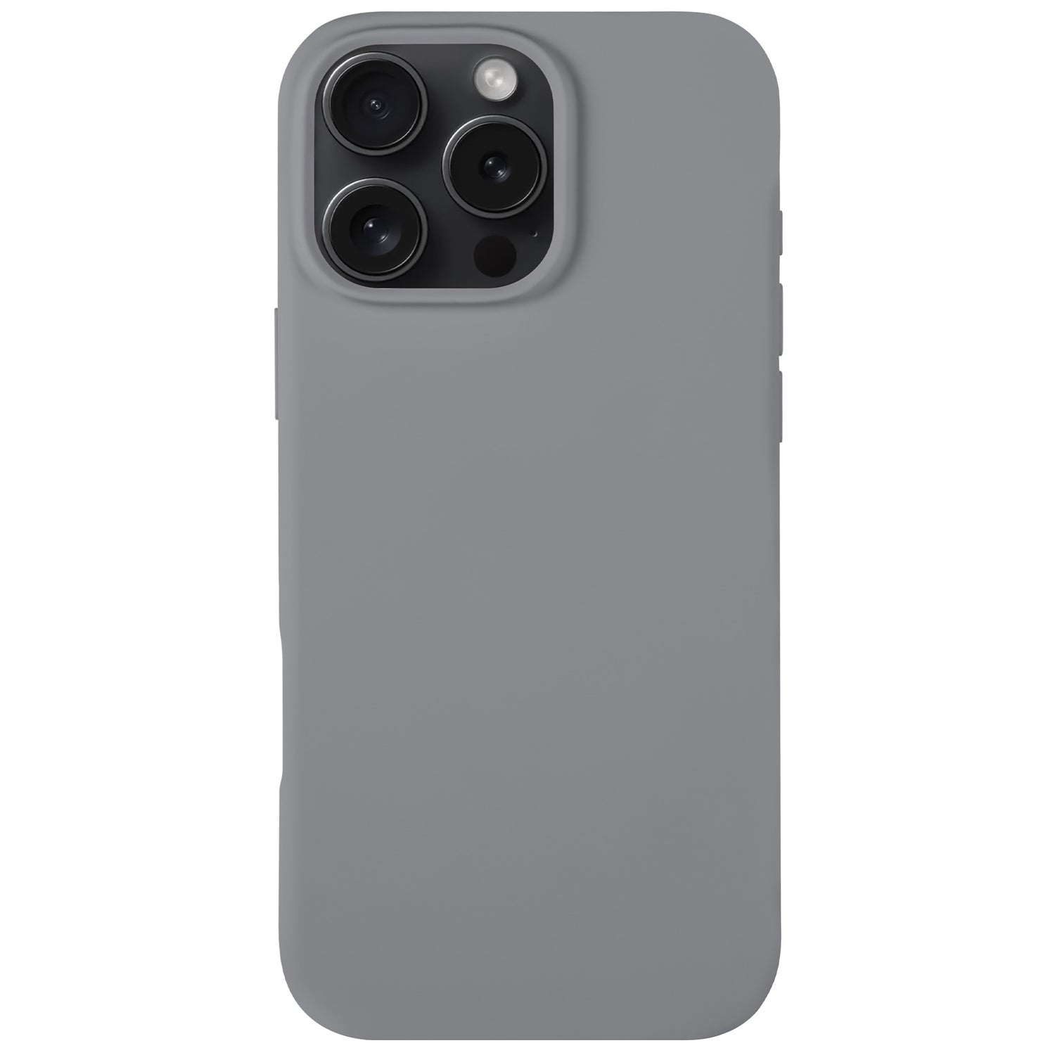 Das Arktis iPhone 16 Pro Max Silikon Case in Grau schmiegt sich schlank an das Gerät, lässt die drei Kameralinsen frei und unterstützt kabelloses Laden.