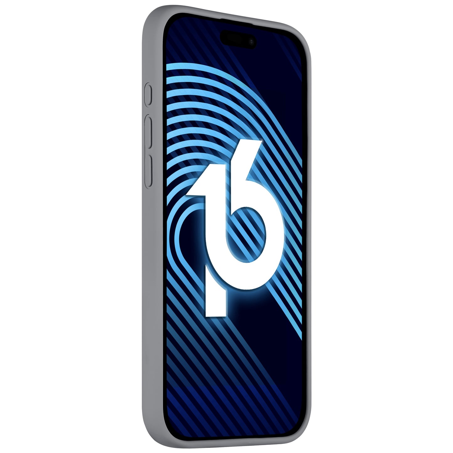 Eine schlanke Arktis iPhone 16 Pro Silikonhülle von Arktis wird schräg gezeigt. Das Display zeigt eine blaue Grafik mit der Zahl 16 und mehreren geschwungenen, parallelen Linien auf dunklem Hintergrund.