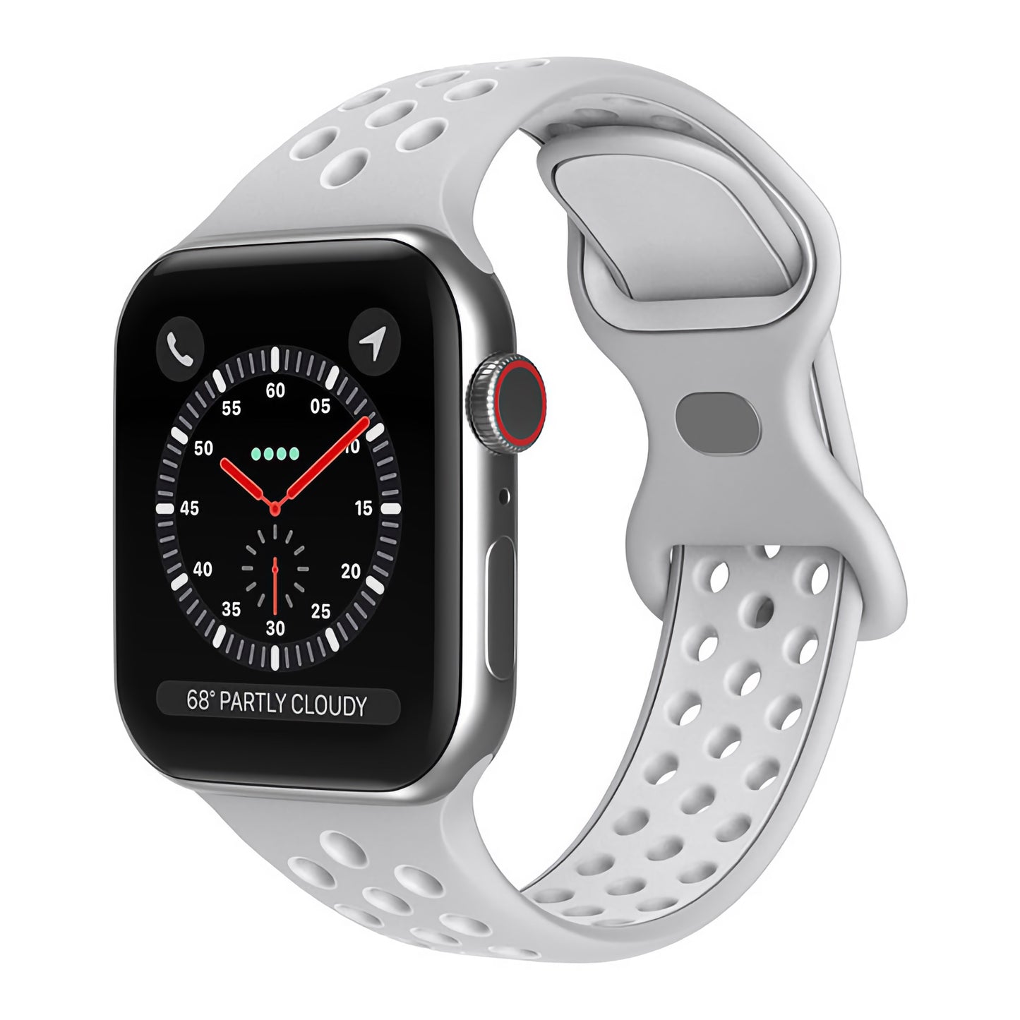 Das arktisband Apple Watch Silikonarmband "Energy" ist in Weiß mit Perforationen auf einer silbernen Smartwatch abgebildet und zeigt eine analoge Uhr, Wetterinformationen sowie Nachrichten-/Telefonsymbole an. Die Uhr ist von vorne und von der Seite zu sehen.