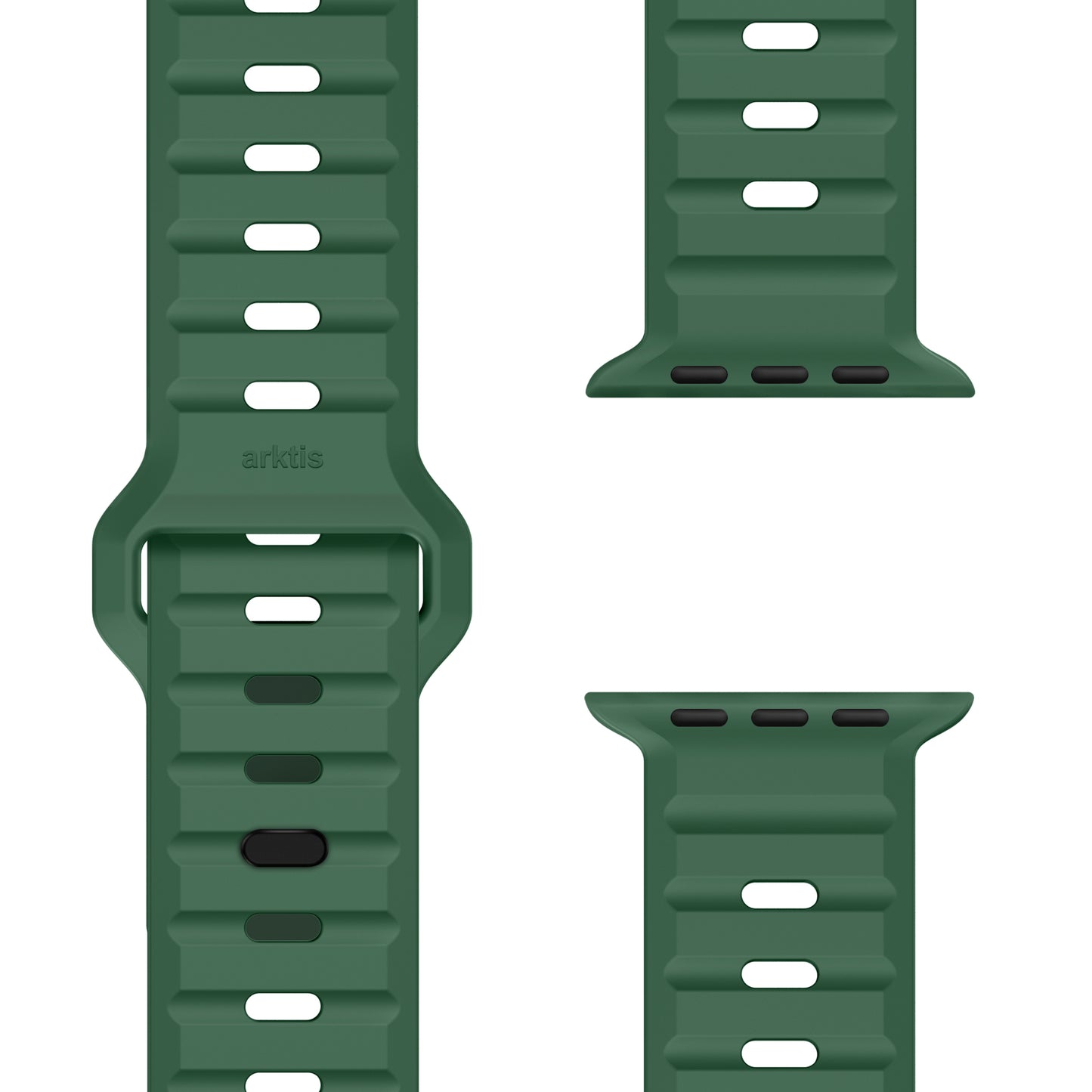Nahaufnahme eines grünen Arktisband Apple Watch Silikonarmbands "Active" mit strukturiertem, atmungsaktivem Design, verstellbaren Löchern und zwei Anschlüssen für Ihre Smartwatch. Das Arktisband-Logo ist auf dem Sportarmband sichtbar.