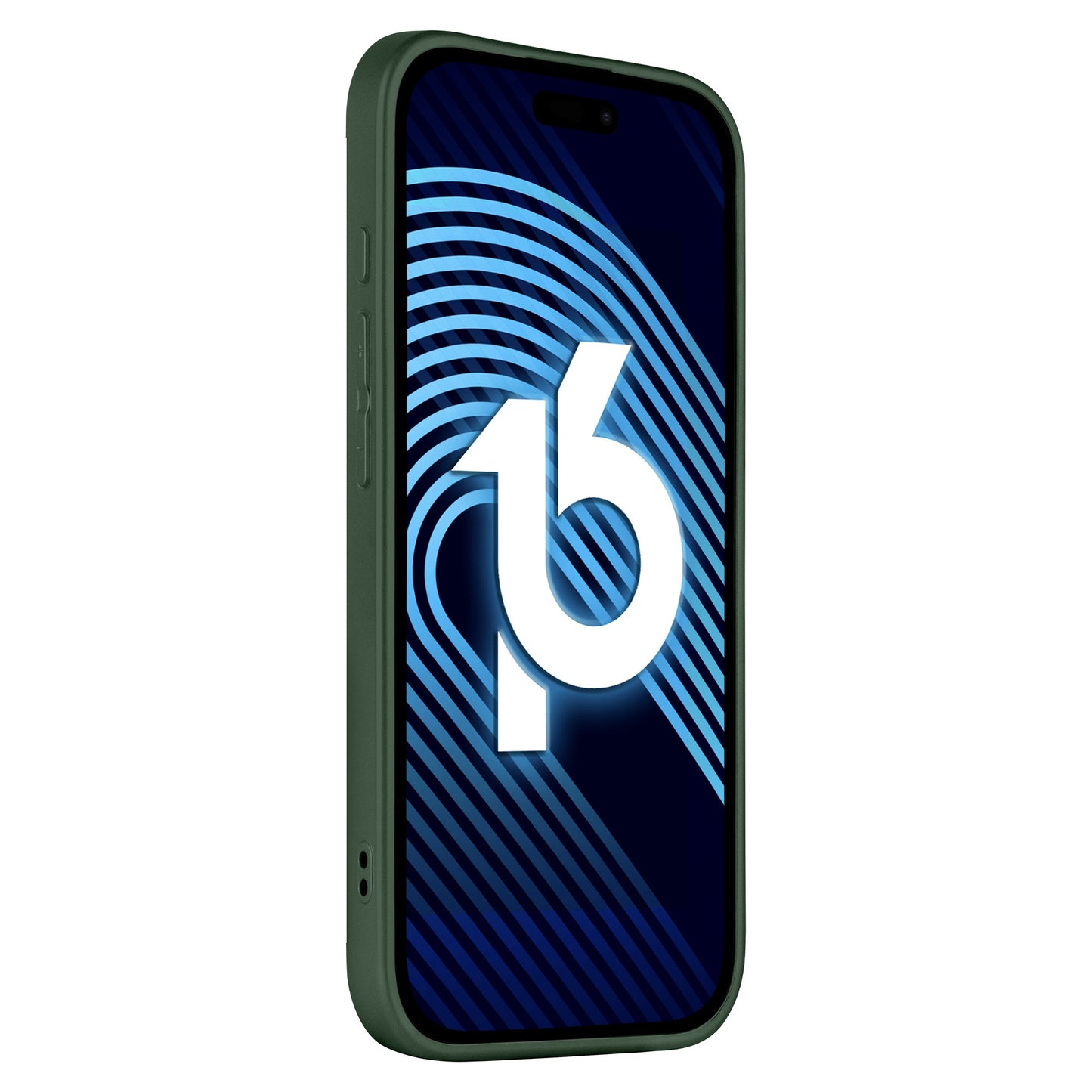 Das arktis iPhone 16 Pro Tech Case von arktis aus dunkelgrünem, stoßdämpfendem TPU-Silikon zeigt ein aufrecht stehendes Telefon mit einer stilisierten weißen 16 und blauen kreisförmigen/diagonalen Linien auf dem Bildschirm. Die Tasten auf der linken Seite sind sichtbar.