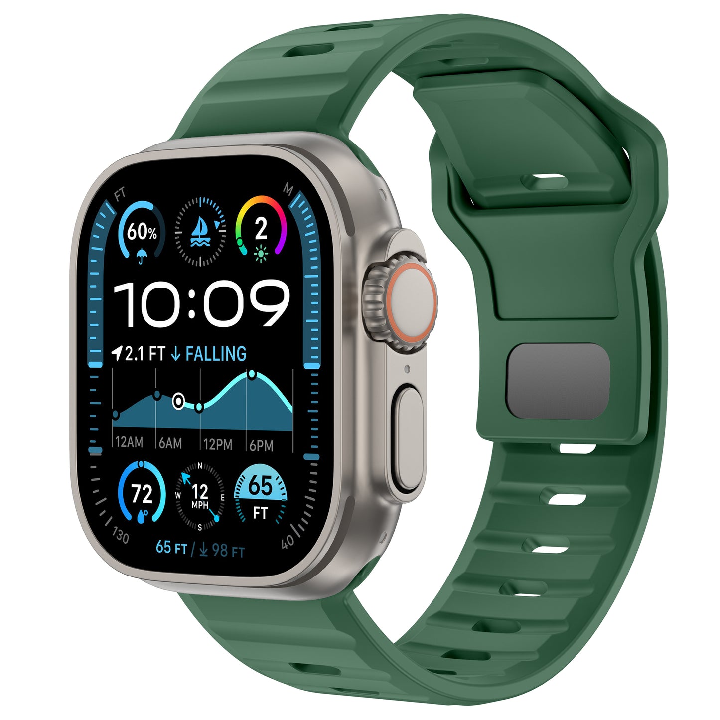 Das Arktisband Apple Watch Silikonarmband „Active“ in Grün kombiniert eine rechteckige Smartwatch mit silbernem Gehäuse und Metallverschluss und zeigt Uhrzeit, Wetter, Gezeitenstand, Batteriestatus, Atmungsaktivität und Aktivitätsmetriken für stilvolle Funktionalität an.