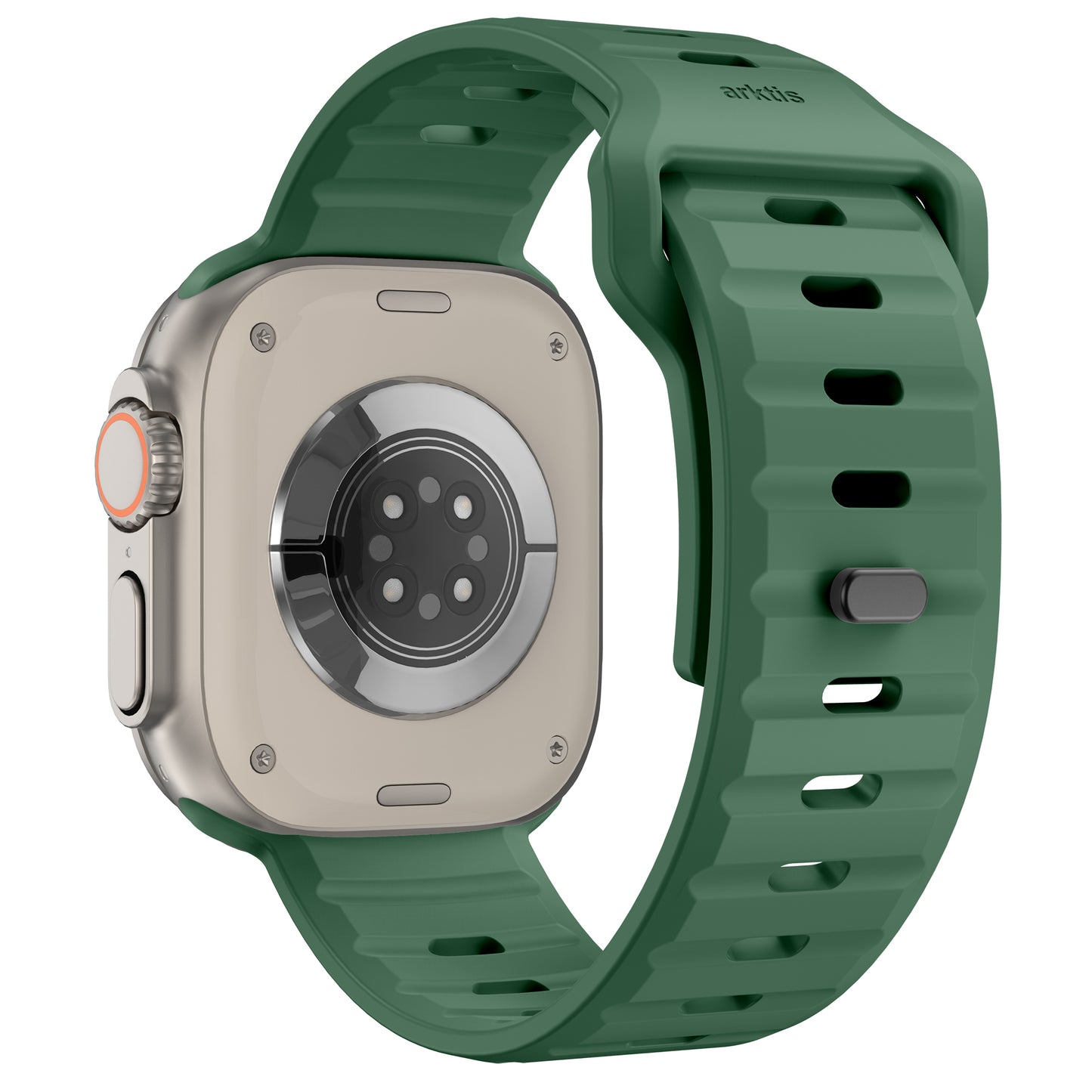 Eine Nahaufnahme des arktisband Apple Watch Silikonarmbands „Active“ von arktisband mit silbernem Gehäuse und grünem, atmungsaktivem Silikonarmband, die die Sensoren und den Befestigungsmechanismus zeigt.