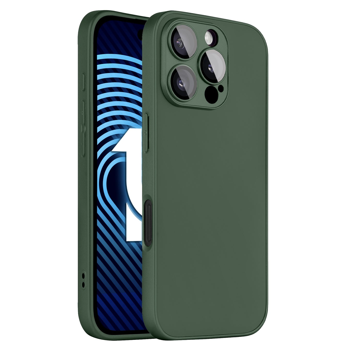 Das arktis iPhone 16 Pro Tech Case von arktis ist eine grüne, stoßdämpfende TPU-Silikonhülle mit präzisen Aussparungen für Kamera und Tasten, abgebildet auf einem Telefon mit einem blau-schwarzen Bildschirm mit einem weißen Pfeildesign.