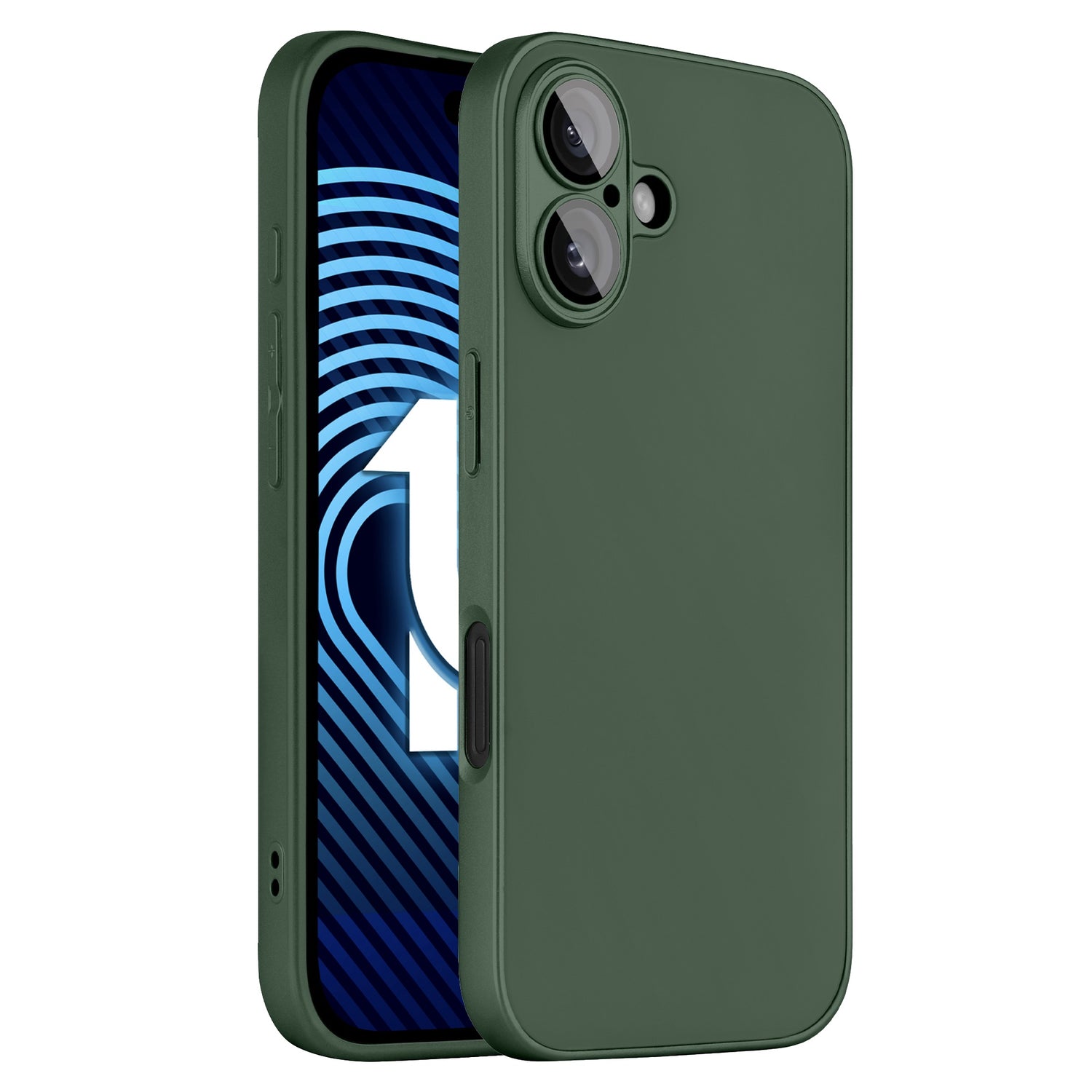 Das arktis iPhone 16 Tech Case ist eine grüne, matte Hülle mit präzisen Aussparungen für Tasten und Anschlüsse. Hergestellt aus stoßabsorbierendem TPU-Silikon, bietet es Platz für zwei Kameras auf der Rückseite; das Display zeigt eine blaue Grafik mit weißer „1“.