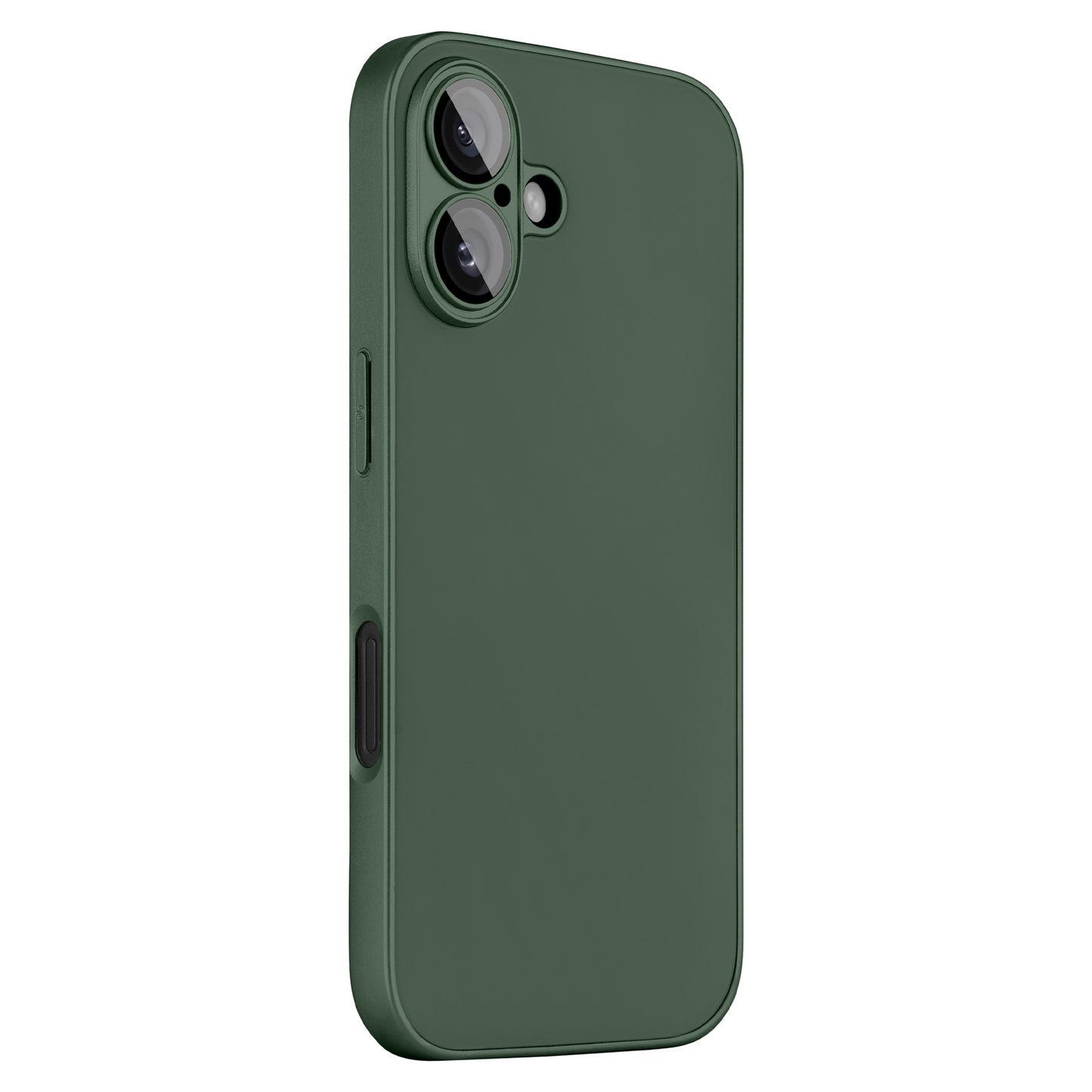 Das arktis iPhone 16 Plus Tech Case von arktis ist eine dunkelgrüne Hülle mit Kameraaussparungen, von hinten und leicht seitlich betrachtet; es verfügt über ein stoßdämpfendes Design für zusätzlichen Schutz.