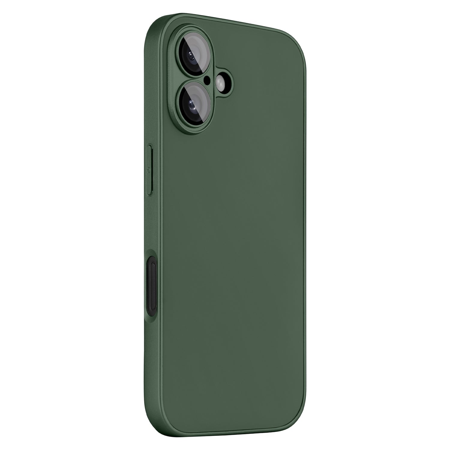 Das arktis iPhone 16 Plus Tech Case von arktis ist eine dunkelgrüne Hülle mit Kameraaussparungen, von hinten und leicht seitlich betrachtet; es verfügt über ein stoßdämpfendes Design für zusätzlichen Schutz.