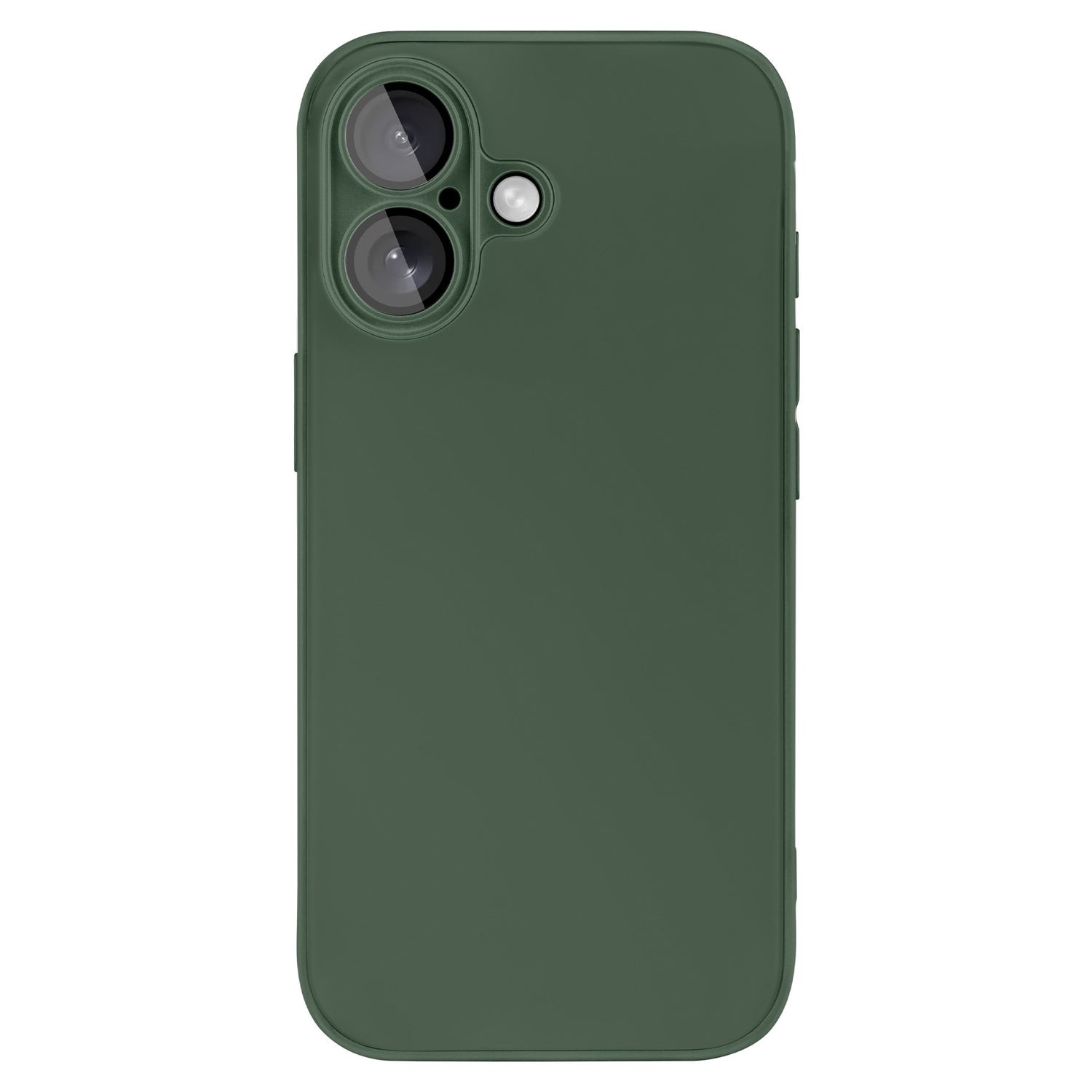 Das arktis iPhone 16 Plus Tech Case in Grün verfügt über Aussparungen für Dualkamera und Blitz auf weißem Hintergrund und bietet stoßabsorbierenden Schutz.