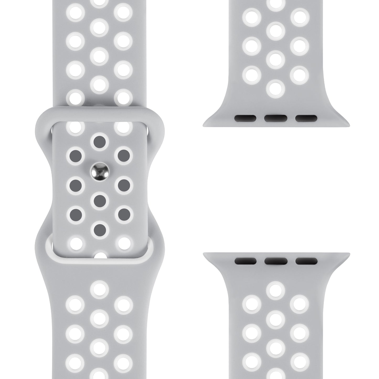Das arktisband Apple Watch Silikonarmband "Energy" in Hellgrau verfügt über Reihen kreisförmiger Löcher und beinhaltet eine Schnalle sowie zwei Anschlussenden, kompatibel mit der Apple Watch.