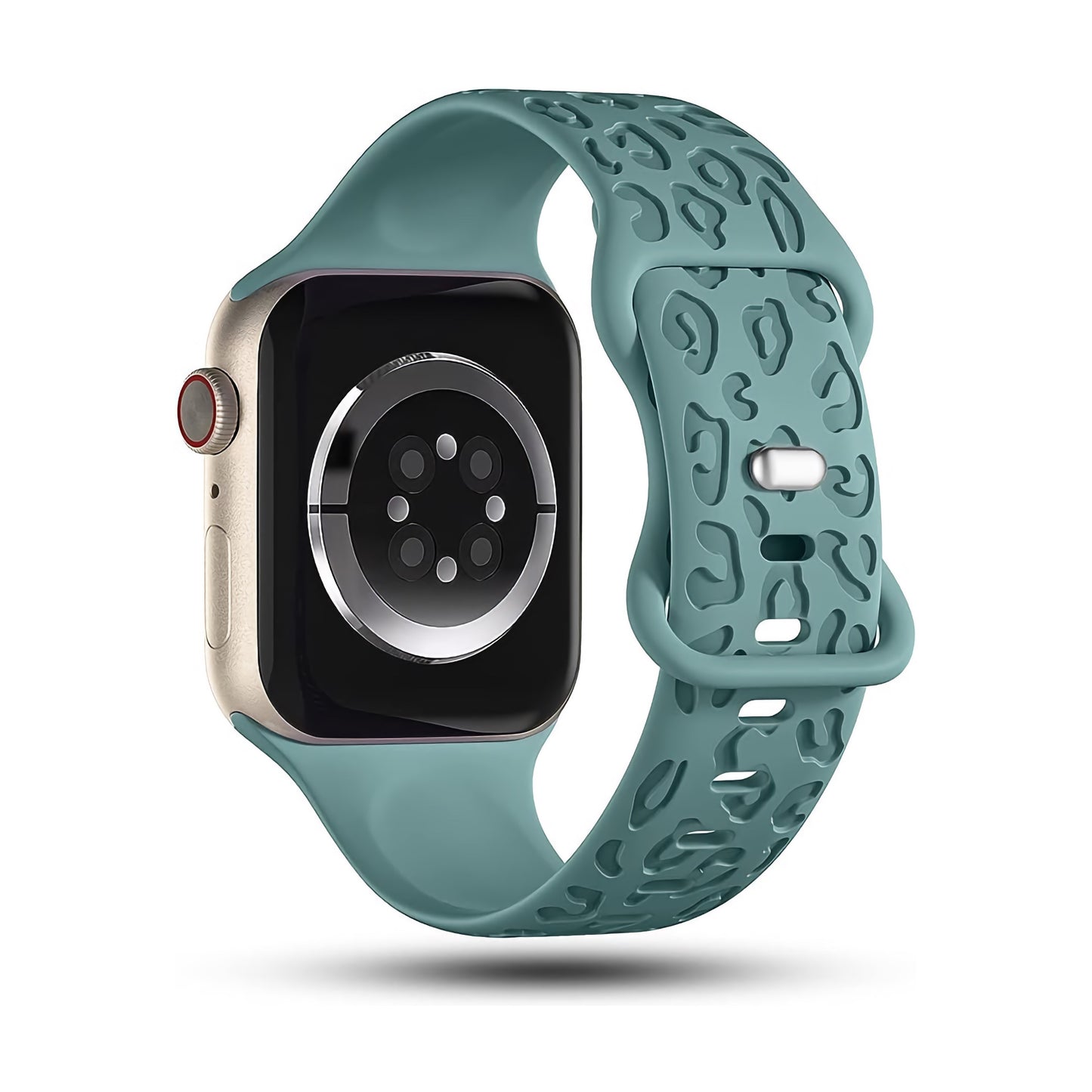 Das arktisband Apple Watch Armband „Leopard“ von arktisband ist ein blaugrünes Silikonarmband mit einem ausgeschnittenen Muster, das von der Rückseite aus gezeigt wird und den Sensorbereich und den Verschluss hervorhebt, kompatibel mit der Apple Watch, auf weißem Hintergrund.