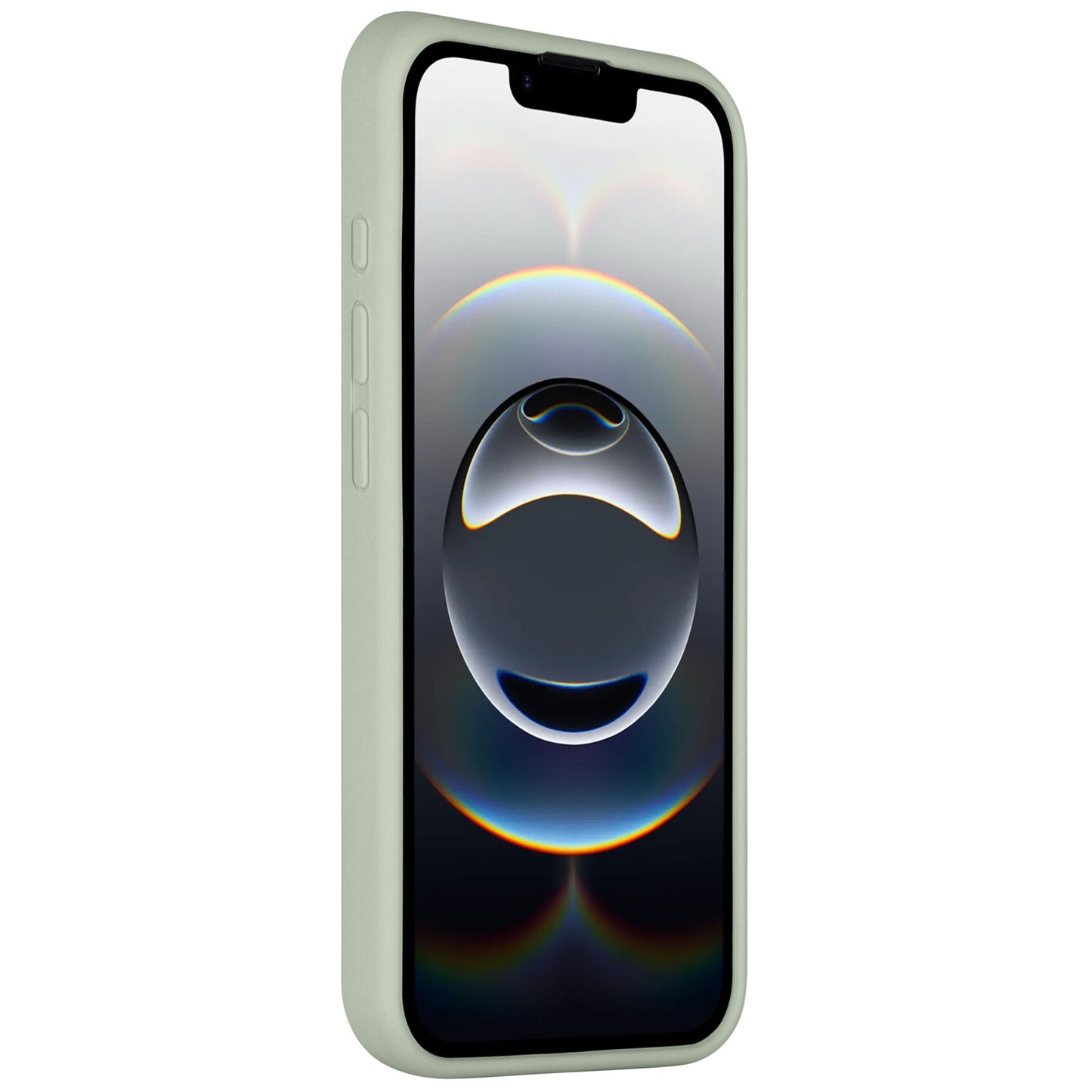 Ein iPhone mit der Arktis iPhone 16e Silikonhülle von Arktis in Hellgrün, mit Mikrofaser-Innenfutter und einem futuristischen kreisförmigen Bildschirmdesign.