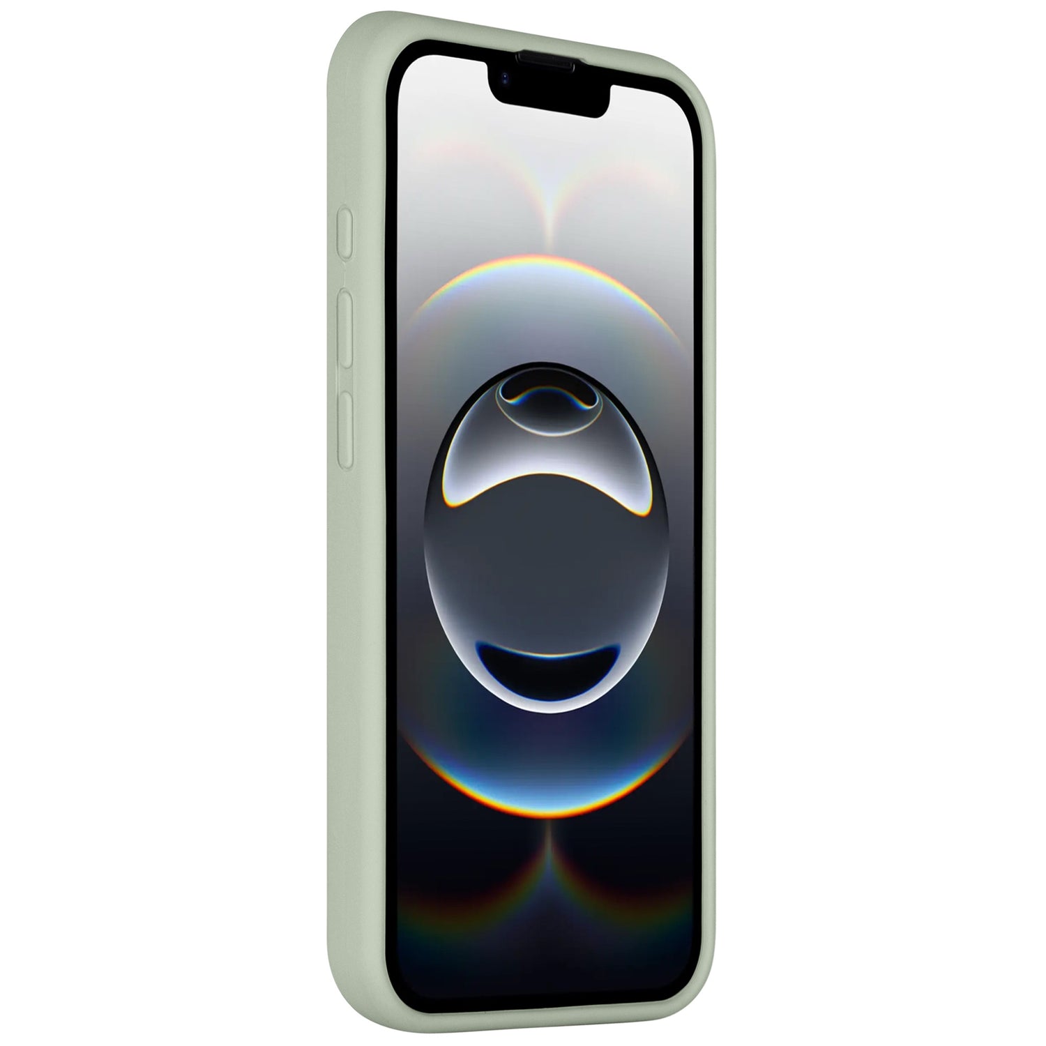 Ein iPhone mit der Arktis iPhone 16e Silikonhülle von Arktis in Hellgrün, mit Mikrofaser-Innenfutter und einem futuristischen kreisförmigen Bildschirmdesign.