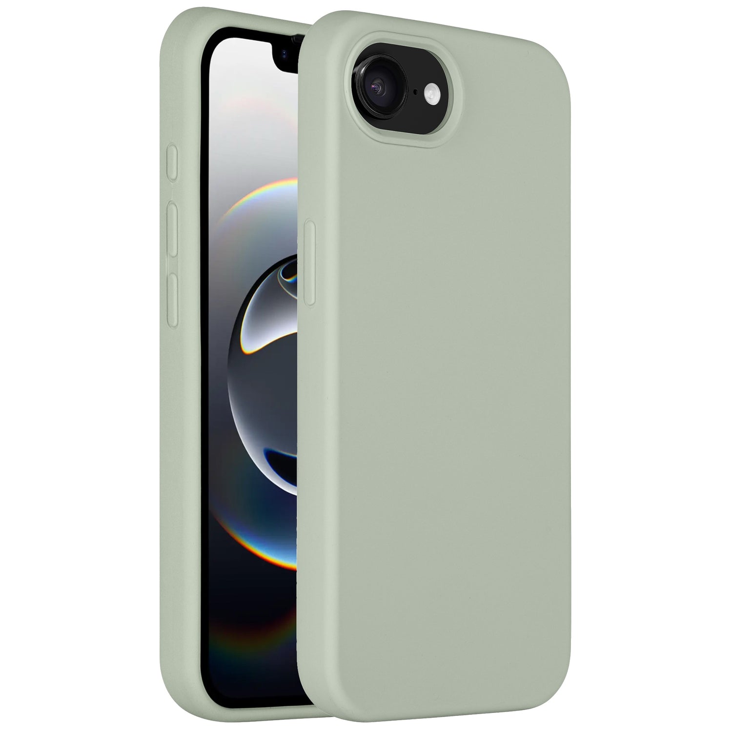 Eine hellgrüne Arktis iPhone 16e Silikonhülle von Arktis mit einer schlanken Hülle, die sowohl den Bildschirm als auch die Rückkamera zeigt.