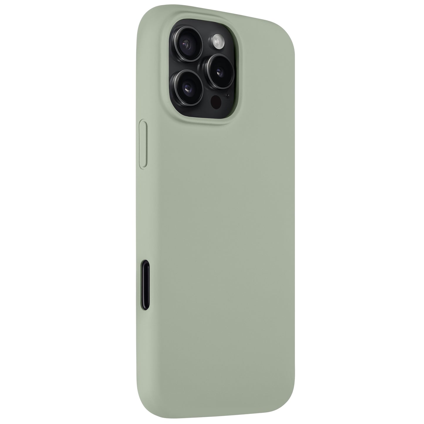 Die Arktis iPhone 16 Pro Max Silikonhülle von Arktis in Hellgrün zeigt Kameraausschnitt und Seitentasten – kompatibel mit kabellosem Laden.