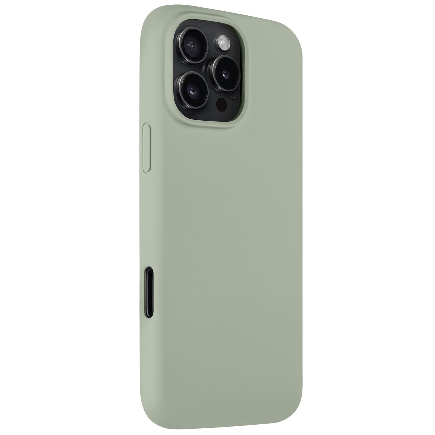 Die Arktis iPhone 16 Pro Max Silikonhülle von Arktis in Hellgrün zeigt Kameraausschnitt und Seitentasten – kompatibel mit kabellosem Laden.