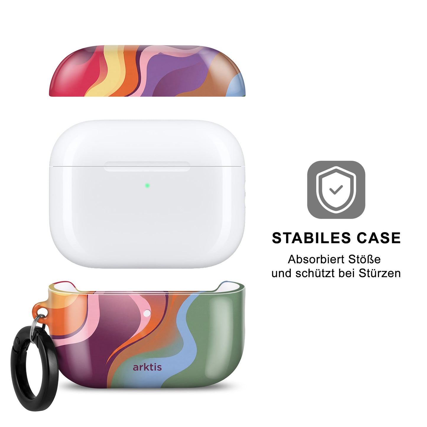 Die arktis AirPods Pro 3 Hülle – Happy Life Case besticht durch ein farbenfrohes, abstraktes Design, einen seitlichen Clip, einen deutschen Text zum Stoß- und Fallschutz und unterstützt kabelloses Laden für zusätzlichen Komfort.