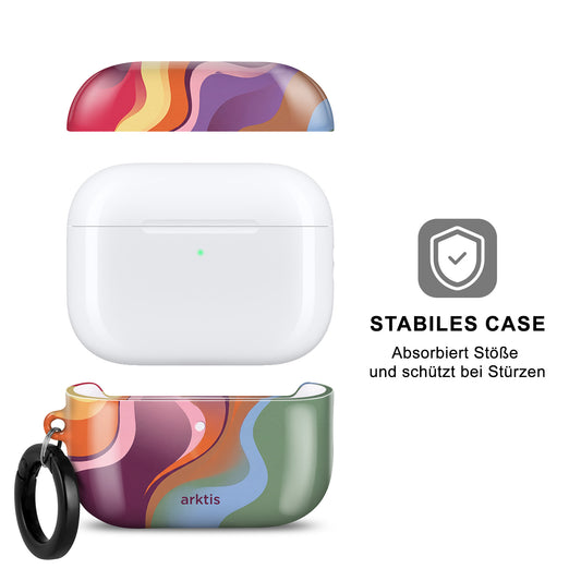 Die arktis AirPods Pro 3 Hülle – Happy Life Case besticht durch ein farbenfrohes, abstraktes Design, einen seitlichen Clip, einen deutschen Text zum Stoß- und Fallschutz und unterstützt kabelloses Laden für zusätzlichen Komfort.