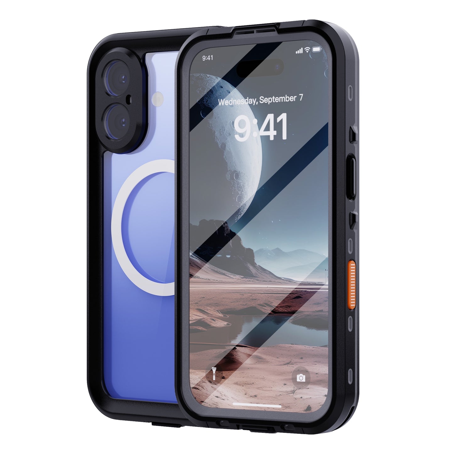 Das arktis iPhone 16 Plus Wasserdichtes Actioncase von arktis ist eine blaue, stoßfeste, staubdichte und wasserdichte Hülle für Ihr Smartphone, abgebildet mit einer Wüstenlandschaft auf dem Display.