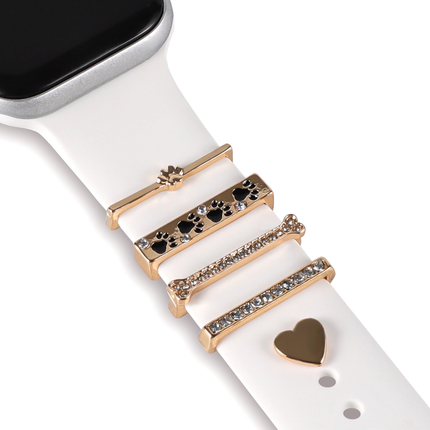 Die arktisband Apple Watch Charms „Pet Love“ – Gold verleihen Ihrem weißen Apple Watch-Armband Pfotenabdrücke, ein Herz und Strass-Akzente und sorgen so für einen stylischen Look, der wunderbar zu einem silbernen Gehäuse passt.