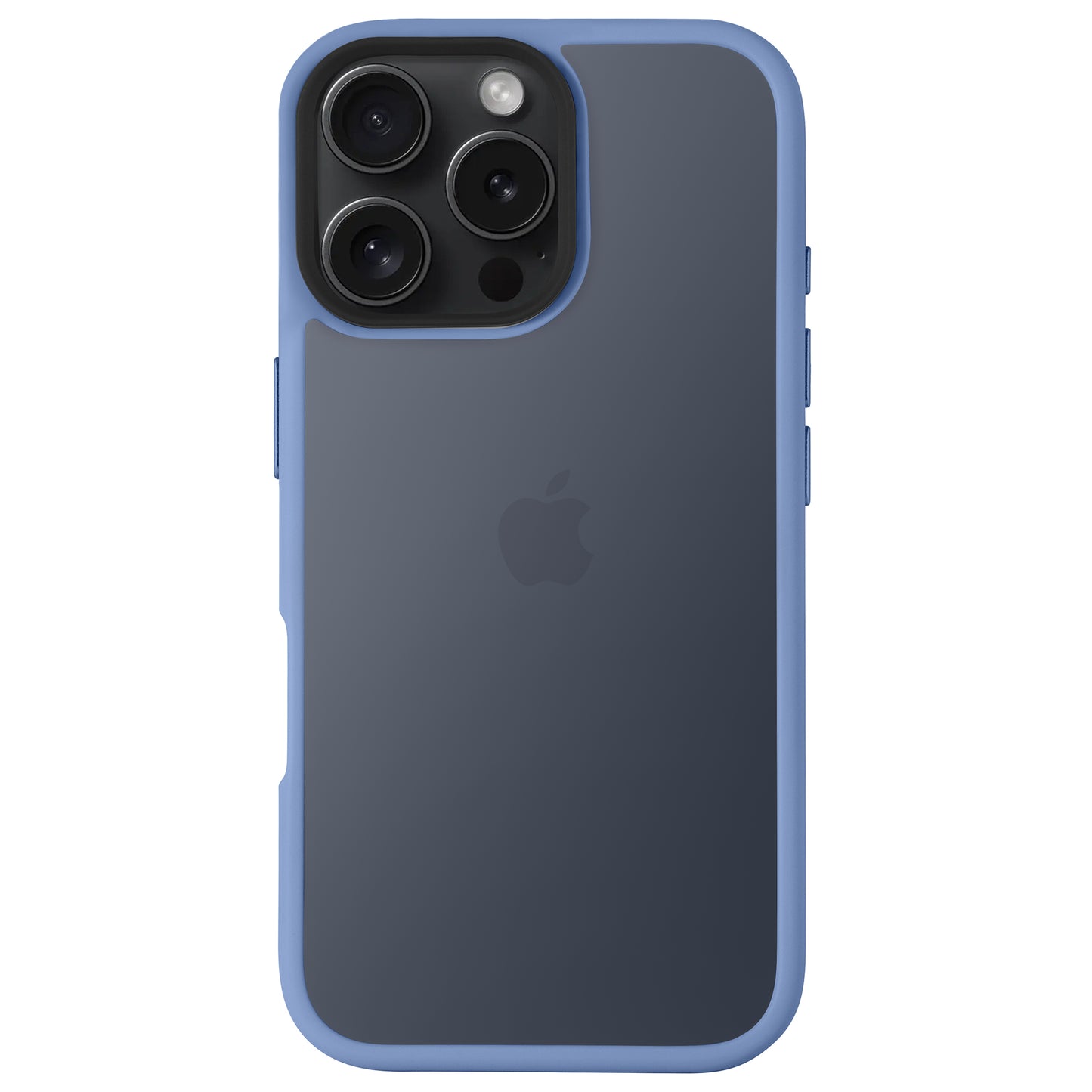 Das iPhone verfügt über ein blaues, mattes Arktis iPhone Air Solid Case von Arktis, das das Apple-Logo und die dreifache Rückkamera zeigt. Diese stoßabsorbierende Hülle kombiniert stilvolles Design mit zuverlässigem Schutz.