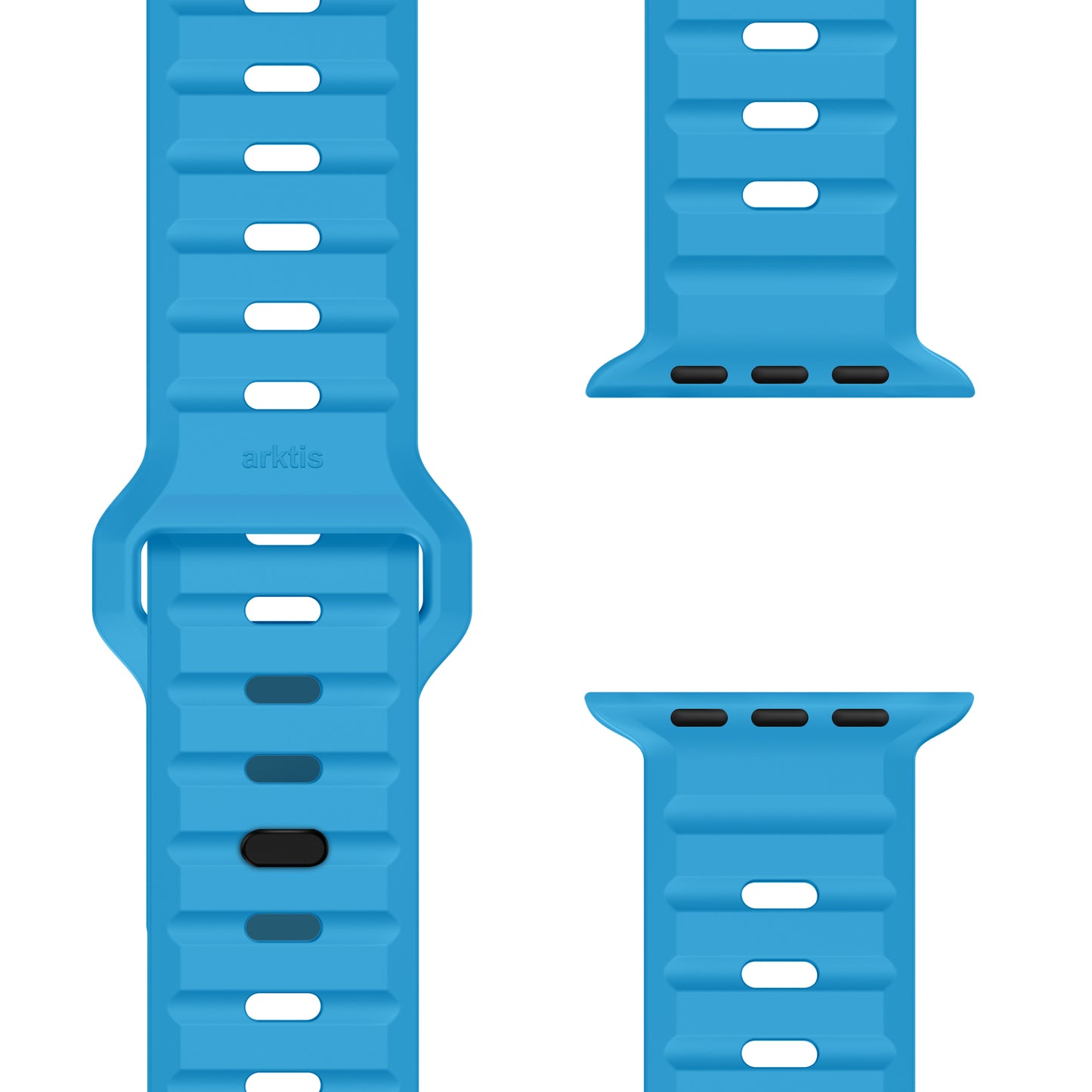 Nahaufnahme des Arktisband Apple Watch Silikonarmbands „Active“ in Blau. Man sieht die geriffelte Struktur, mehrere Einstelllöcher für Atmungsaktivität, detaillierte Verbindungsenden und Befestigung sowie das Arktisband-Logo auf dem Band.