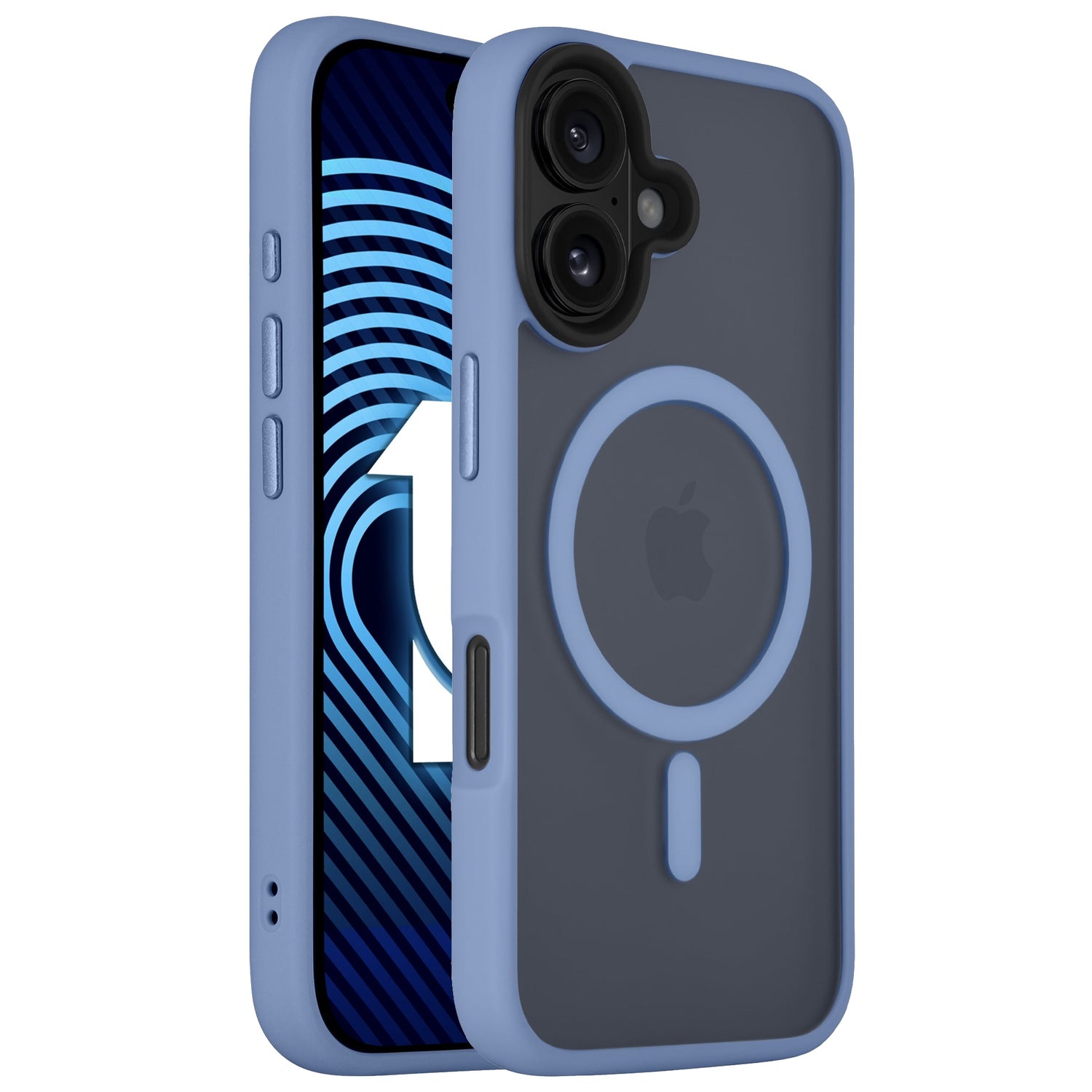 Das Arktis iPhone 16 Plus Solid Case von Arktis verfügt über einen minimalistischen Matt-Look in Blau und Grau, ein kreisförmiges MagSafe-Design auf der Rückseite und besteht aus stoßdämpfendem TPU-Silikon.